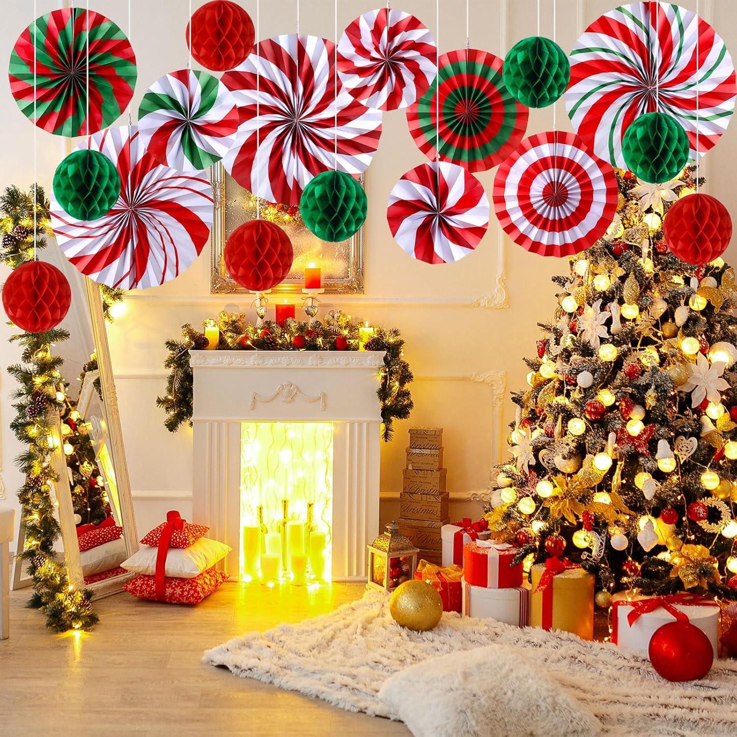 21 Pcs Christmas Candy Hanging Paper Fans Peppermint Christmas Banners Xmas Classroom Ceiling Decorations Tissue Poms Honeycomb Ball Ornaments For Birthday Wall Decor Supplies(Fashion)