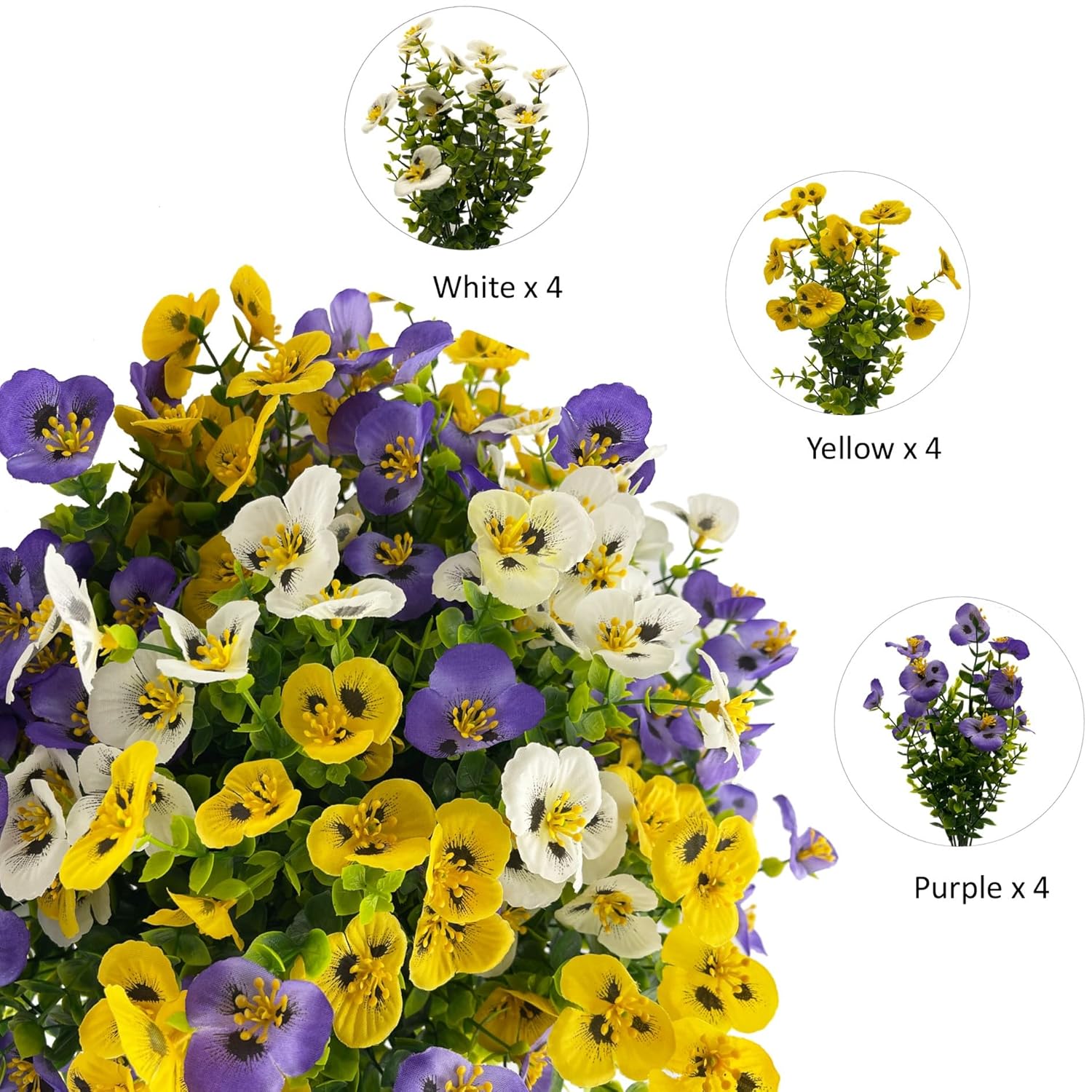 12 Bundles Artificial Pansy Flowers With Eucalyptus Leaves, No Fade Uv Resistant Silk Flower Plants For Indoor Outside Garden Front Door Porch Yard Patio Window Box Farmhouse(Purple, Yellow, White)