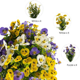 12 Bundles Artificial Pansy Flowers With Eucalyptus Leaves, No Fade Uv Resistant Silk Flower Plants For Indoor Outside Garden Front Door Porch Yard Patio Window Box Farmhouse(Purple, Yellow, White)