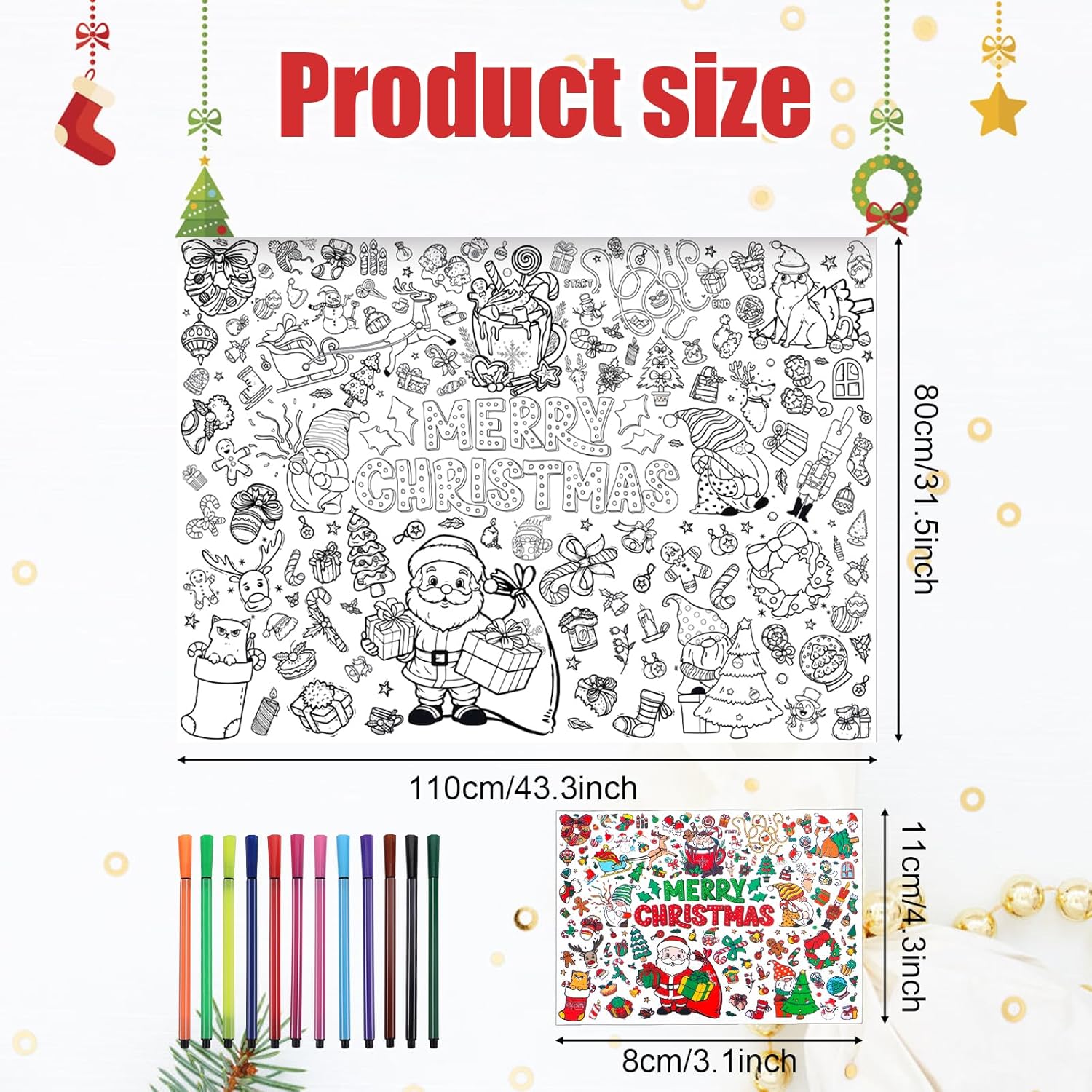 Christmas Giant Coloring Poster With 12 Painting Pens, 43.3X31.5In Merry Christmas Large Coloring Banner Tablecloth Xmas Crafts For Kids Party Supplies Holiday Activities