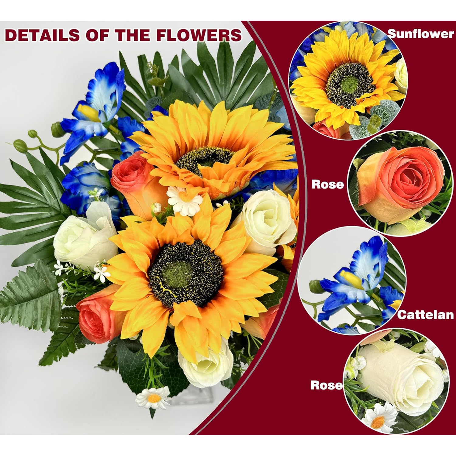 Artificial Cemetery Flowers For Grave Decorations: Sunflower, Rose, Cattleya Bouquet With Vase – Ideal For Sympathy & Memorial Tributes