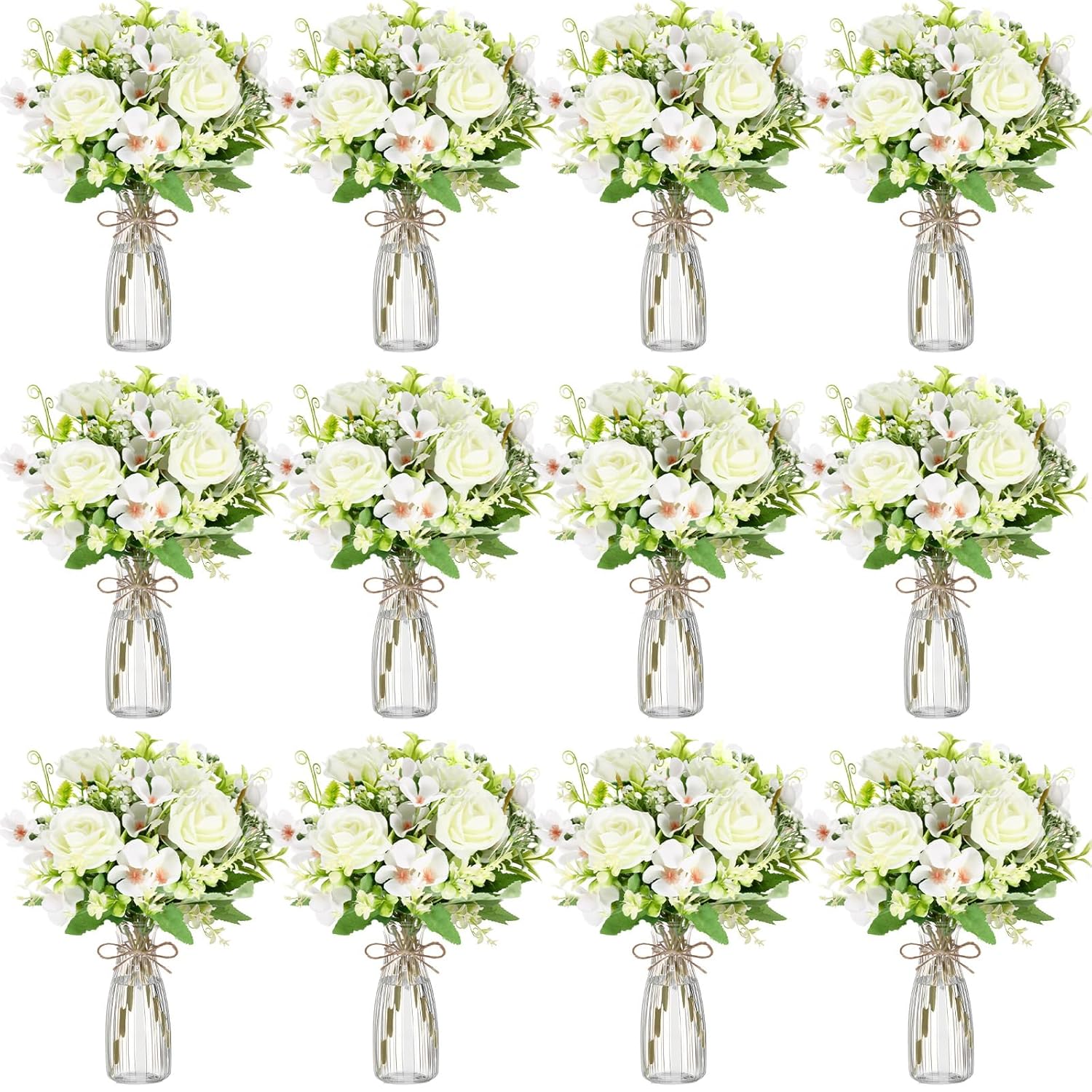 36 Pack Artificial Mini Rose Flowers With Vase Bulk, 24 Bundles Silk Rose Flower Artificial Bouquet 12 Plastic Vase With Rope Table Centerpiece Arrangement Wedding Party Deco (White)