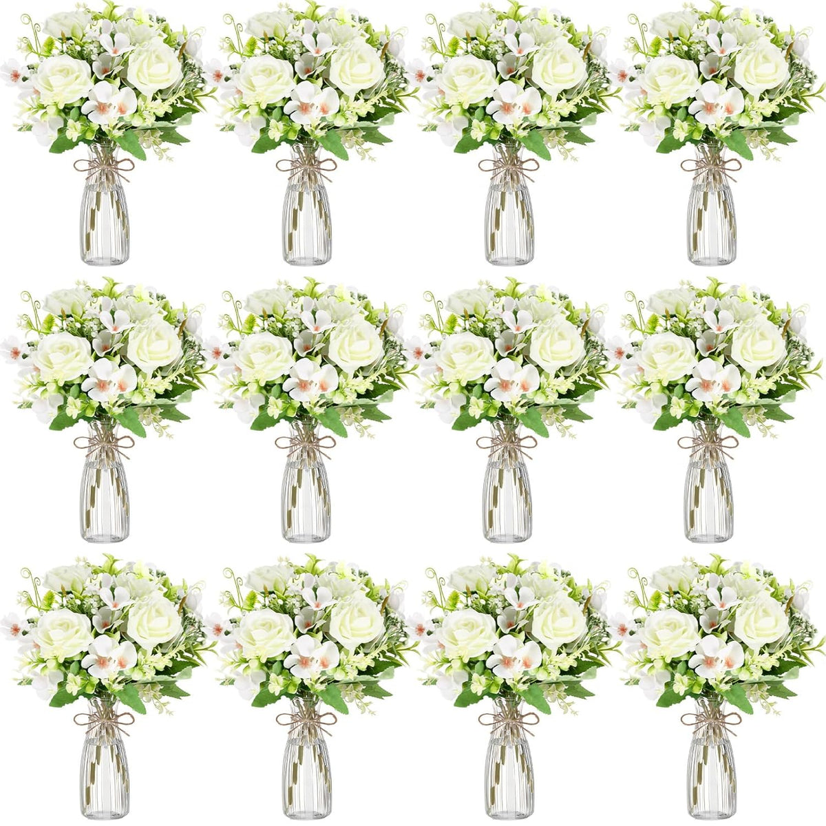 36 Pack Artificial Mini Rose Flowers With Vase Bulk, 24 Bundles Silk Rose Flower Artificial Bouquet 12 Plastic Vase With Rope Table Centerpiece Arrangement Wedding Party Deco (White)