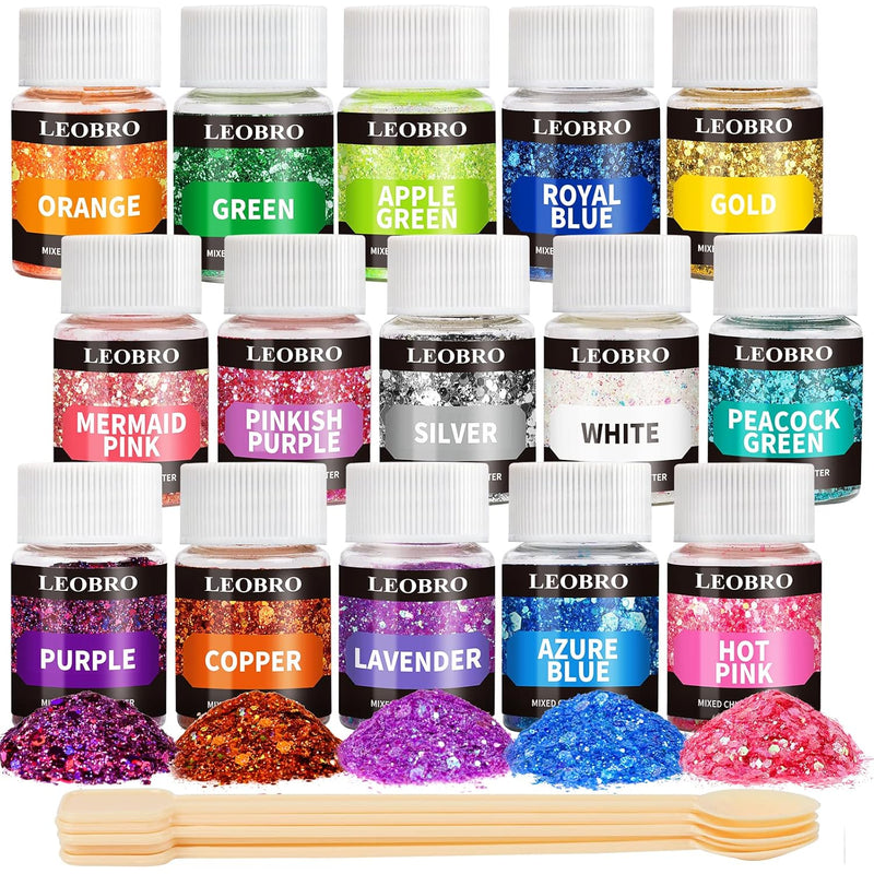 Holographic Chunky Glitter, 15 Colors Craft Glitter For Resin, With 5Pcs Mixin