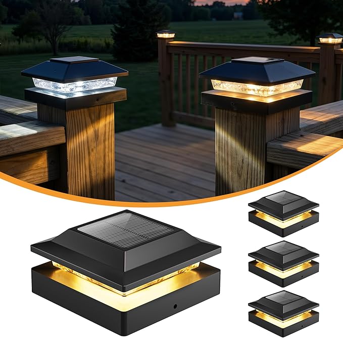 4 Pack Solar Post Cap Lights 16 LED Waterproof Fence Deck Lights for 4x4 Posts