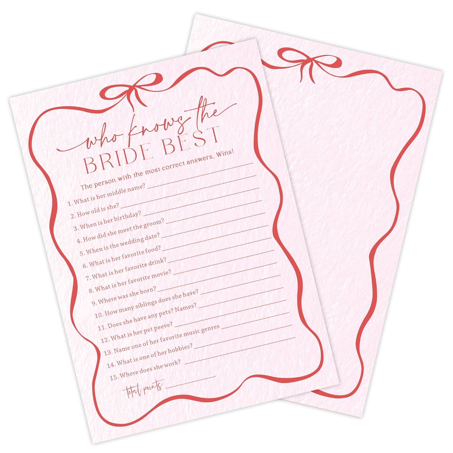 5" X 7" Pink Bow Bridal Shower Game Cards - Who Knows The Bride Best - 30Pcs Double-Sided Fill-In Wedding Game Cards, Engagement & Wedding Party, Activities & Decor - A06