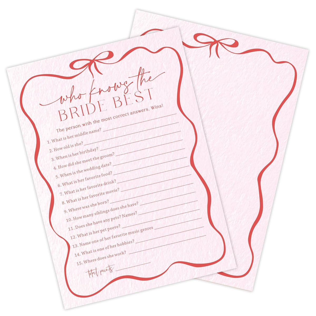 5" X 7" Pink Bow Bridal Shower Game Cards - Who Knows The Bride Best - 30Pcs Double-Sided Fill-In Wedding Game Cards, Engagement & Wedding Party, Activities & Decor - A06