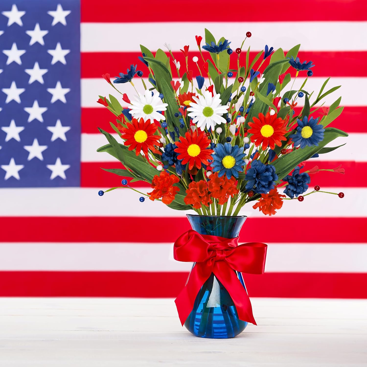 8 Bundles 4Th/Fourth Of July Decorations Artificial Silk Flowers Red White Blue Patriotic Picks Berry Stems Memorial Independent Labor Day Decor For Home Vase Table Centerpieces