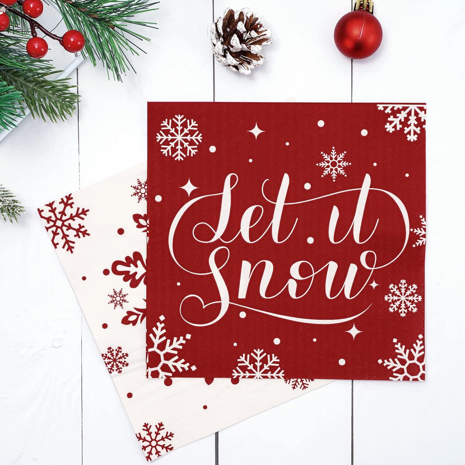 80 Pack Winter Napkins 6.5 X 6.5 Inch Christmas Red White Snowflake Disposable Napkins Winter Dinner Napkins Holiday Paper Napkins For Xmas Winter Birthday Party Decoration, 2 Design