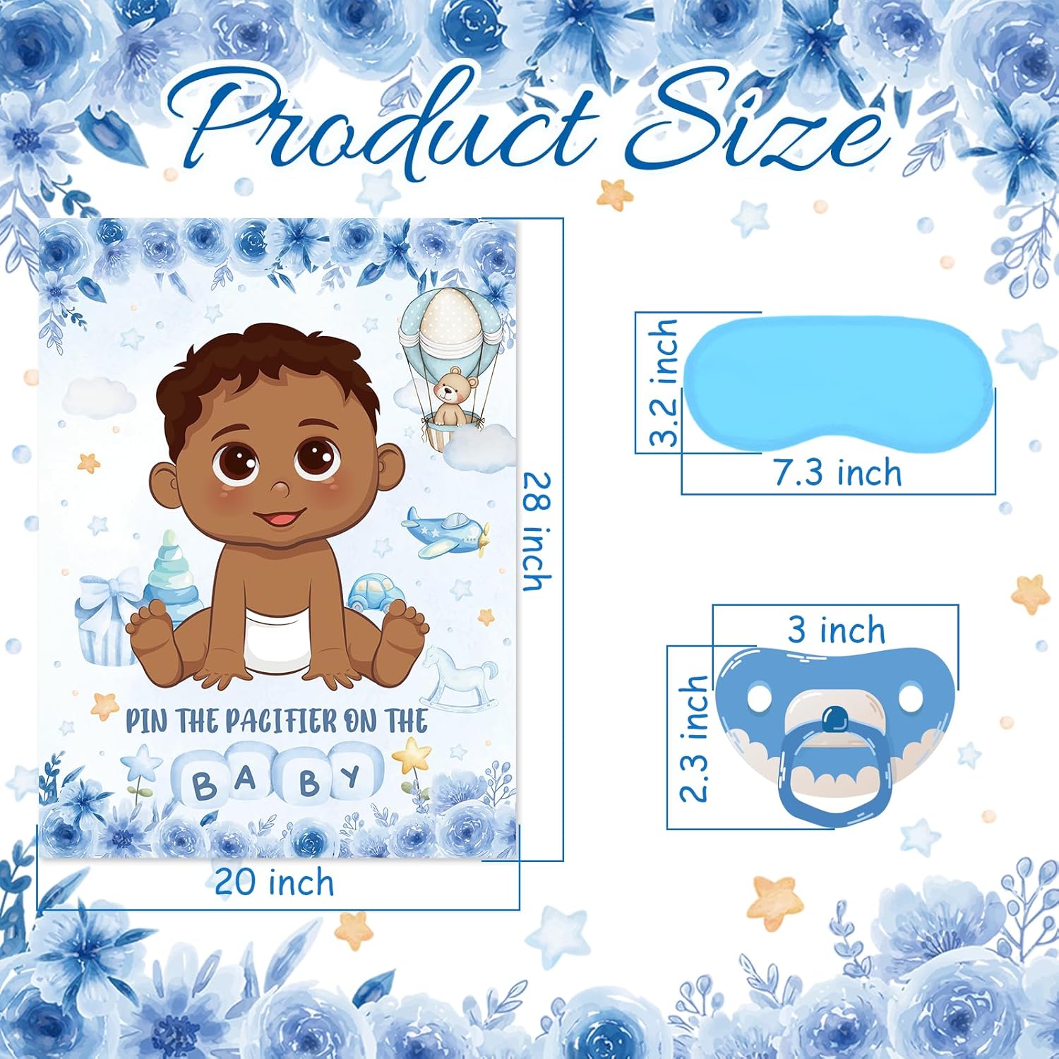 Pin The Pacifier On The Baby Game, Blue Baby Shower Party Decoration Include Large Poster With Blindfold 48 Pacifier Stickers Game For Blue Bear Birthday Party Supplies(Brown)