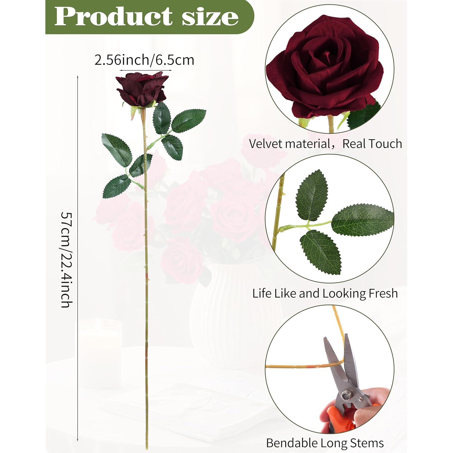 50Pcs Red Roses Artificial Flowers,Fake Velvet Rose Bulk, Artificial Roses Bouquet With Long Stems For Wedding Party Arrangement Centerpiece Decorations(Dark Red)
