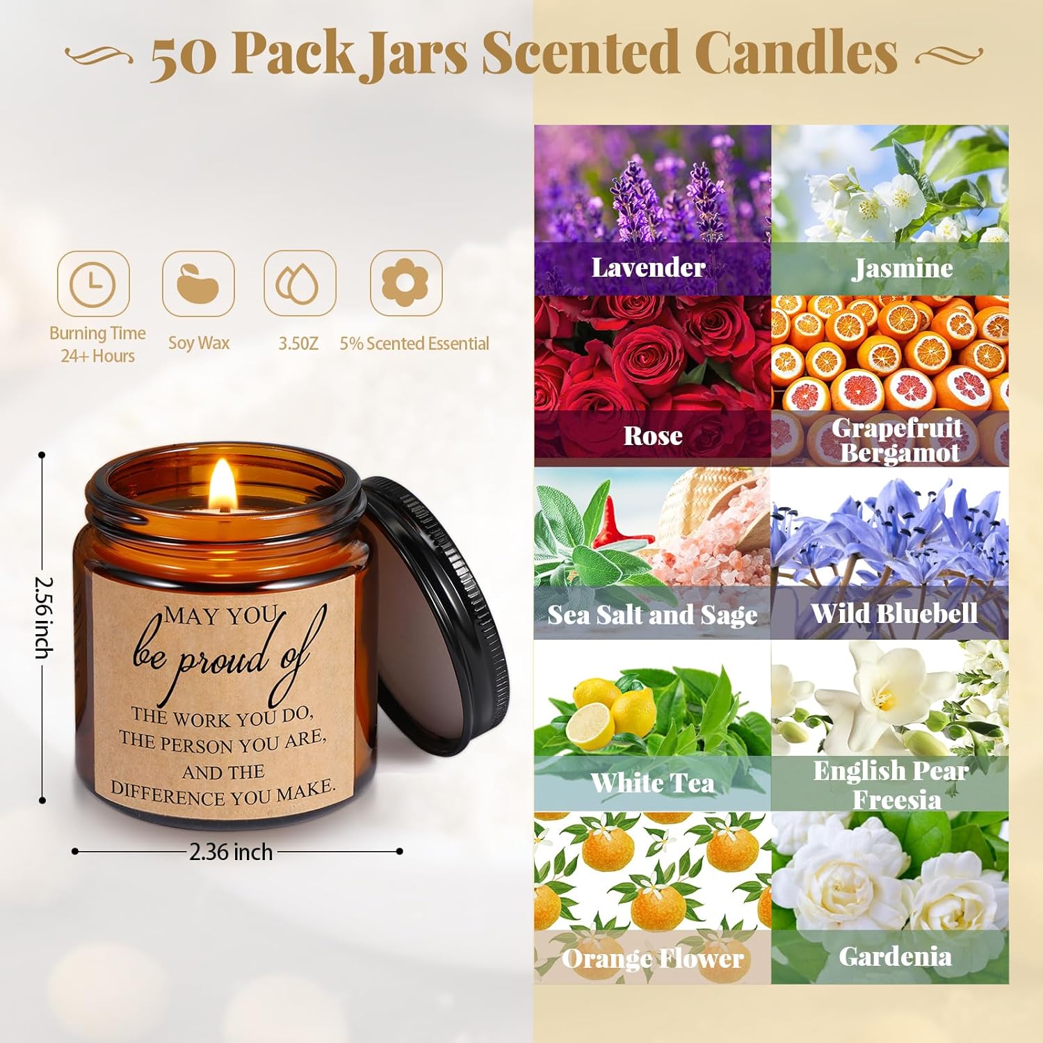 50 Pcs Thank You Candles Bulk Inspirational Scented Candles Gift Set 3.5 Oz May You Be Proud Of The Difference Make Employee Valentines Appreciation Gifts For Team Nurse Volunteer(Brown)