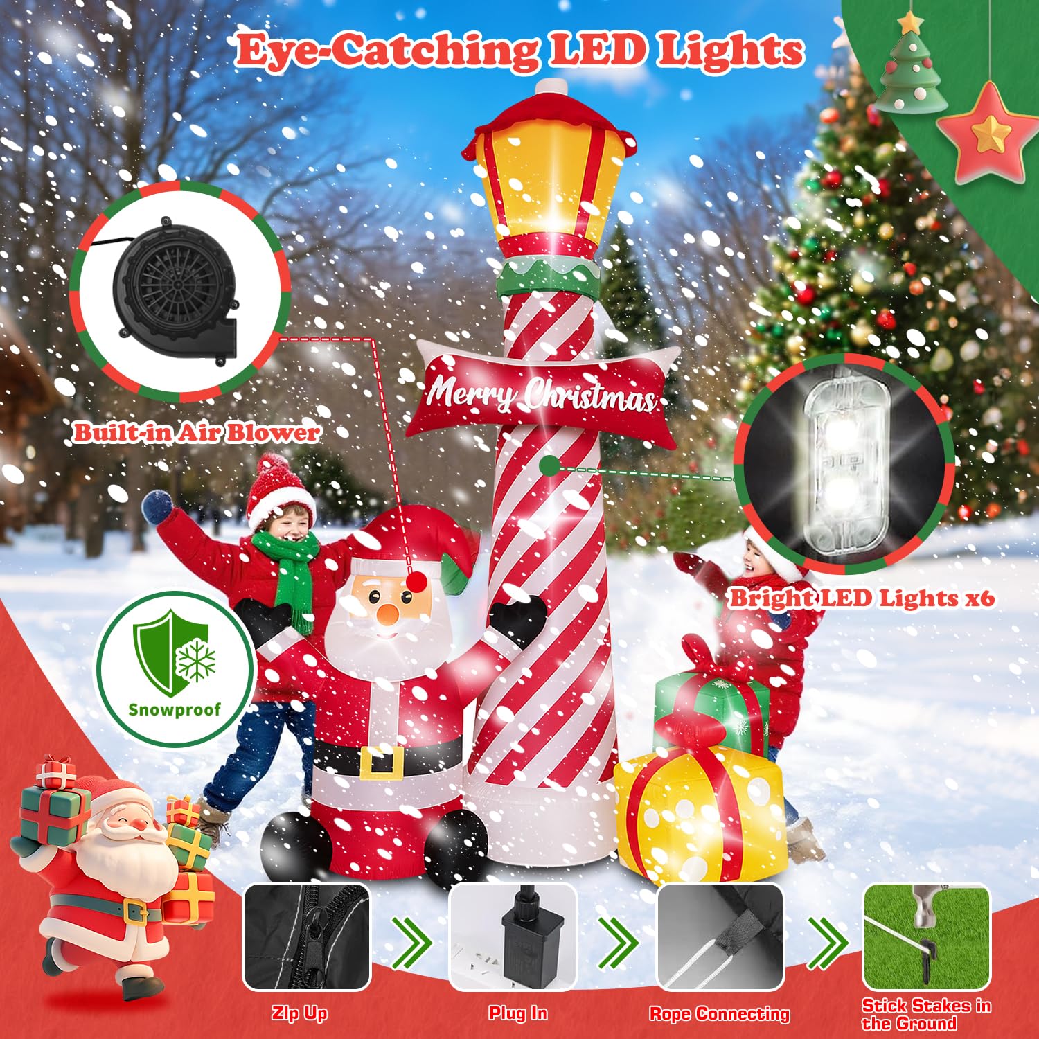 8Ft Christmas Decorations Outdoor Inflatables Giant Santa Claus Stands Under The Lighthouse With Gift Box, Blow Up Built