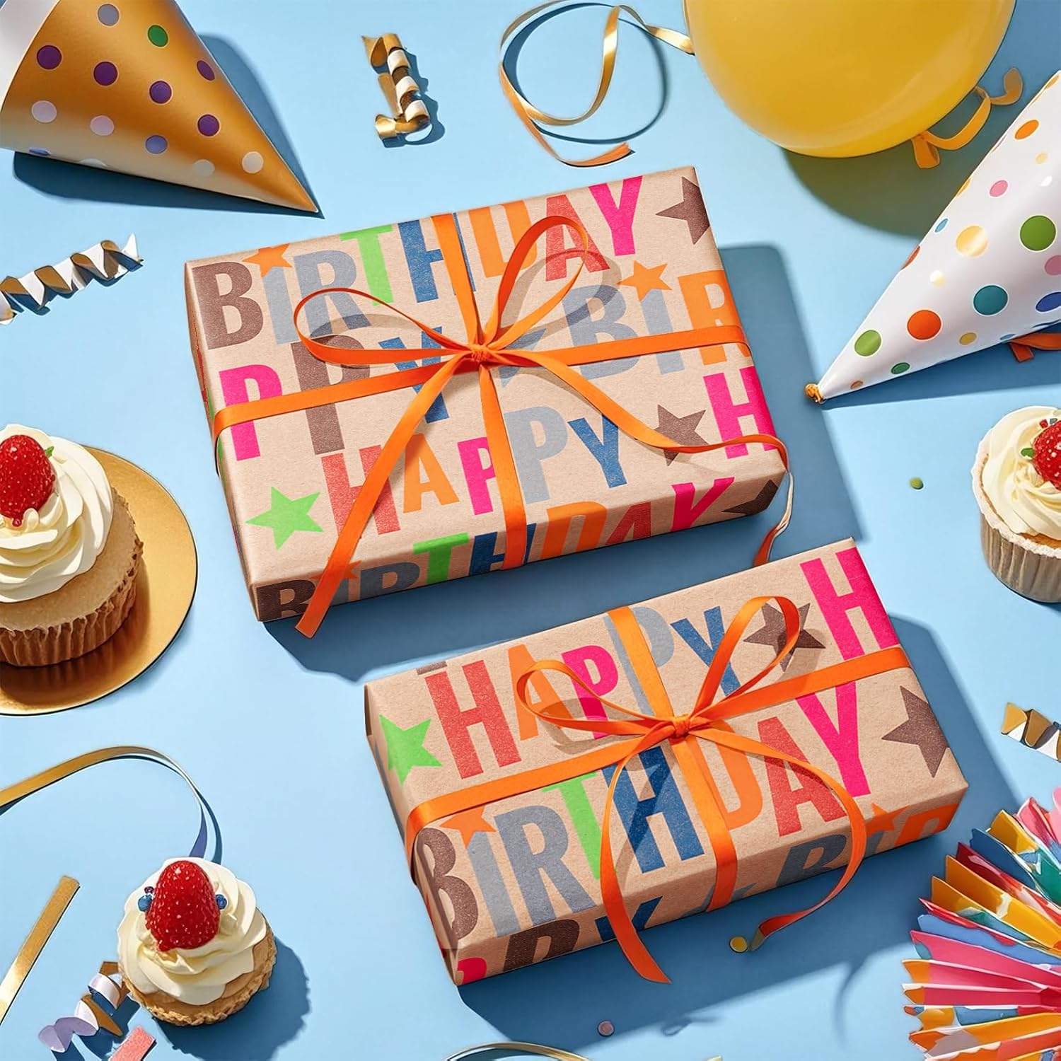 30" X 32.8' Birthday Wrapping Paper Large Kraft Paper Roll For Boys Girls, Jumbo Roll, Colorful Text Happy Birthday And Stars Design Craft Gift Wrap Great For Party, Holiday, 82 Sq. Ft.