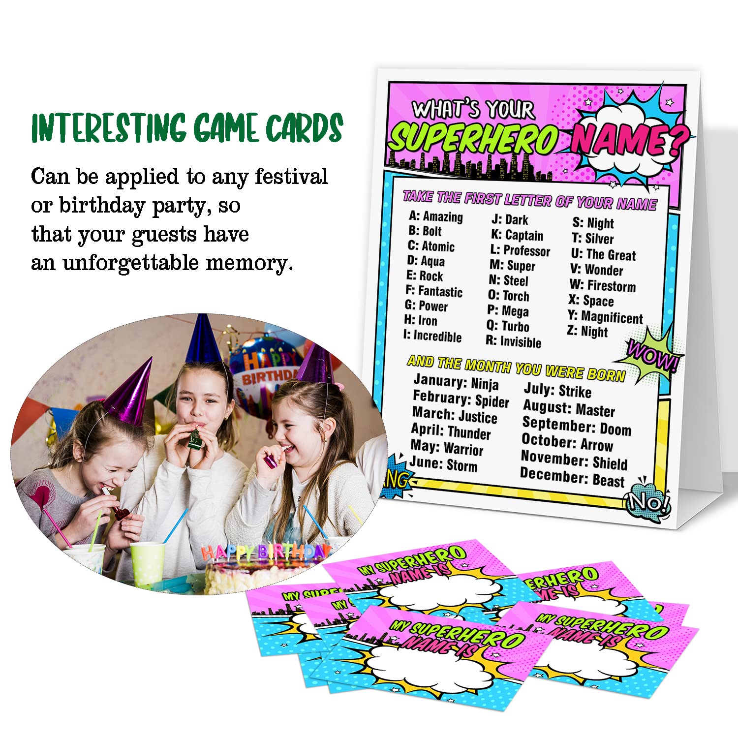 What'S Your Superhero Name - Birthday Party Game - 1 Game Sign And 30 Sticker Set - Birthday Party Holiday Activity Celebration Supplies For Kids And Teens - Game-007
