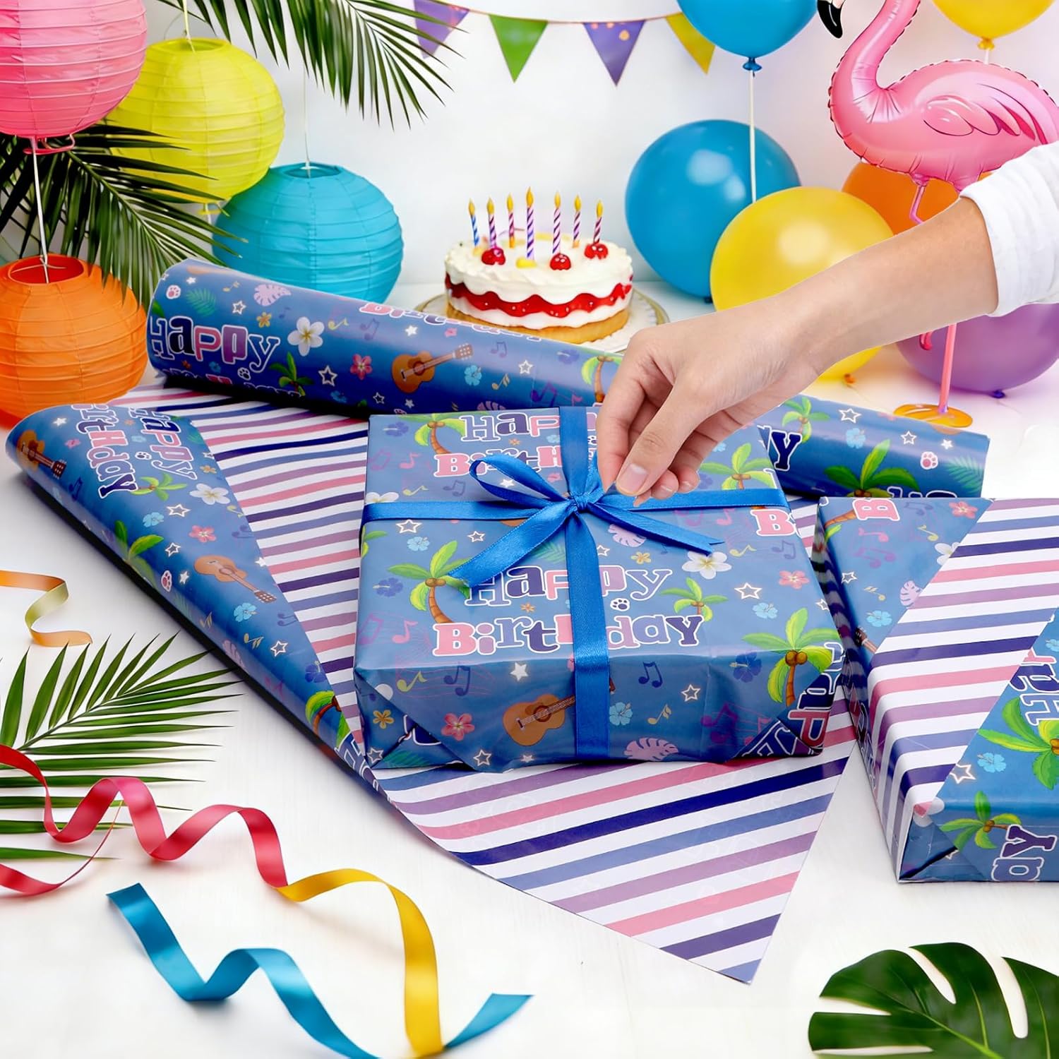 Reversible Hawaiian Happy Birthday Wrapping Paper - 8 Sheets | Hawaii Tropical Plant Flower Print Gift Wrap Paper For Kids’ Birthdays, Baby Showers, Holiday & Aloha-Themed Greetings 19.7" X 27.6"