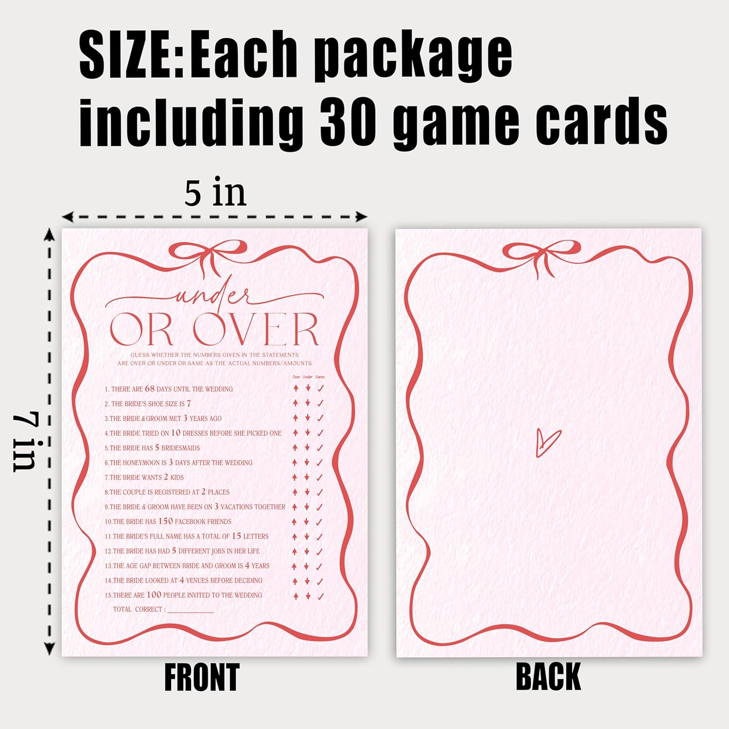 5" X 7" Pink Bow Bridal Shower Game Cards - Under Or Over - 30Pcs Double-Sided Fill-In Wedding Game Cards, Engagement & Wedding Party, Activities & Decor- A04