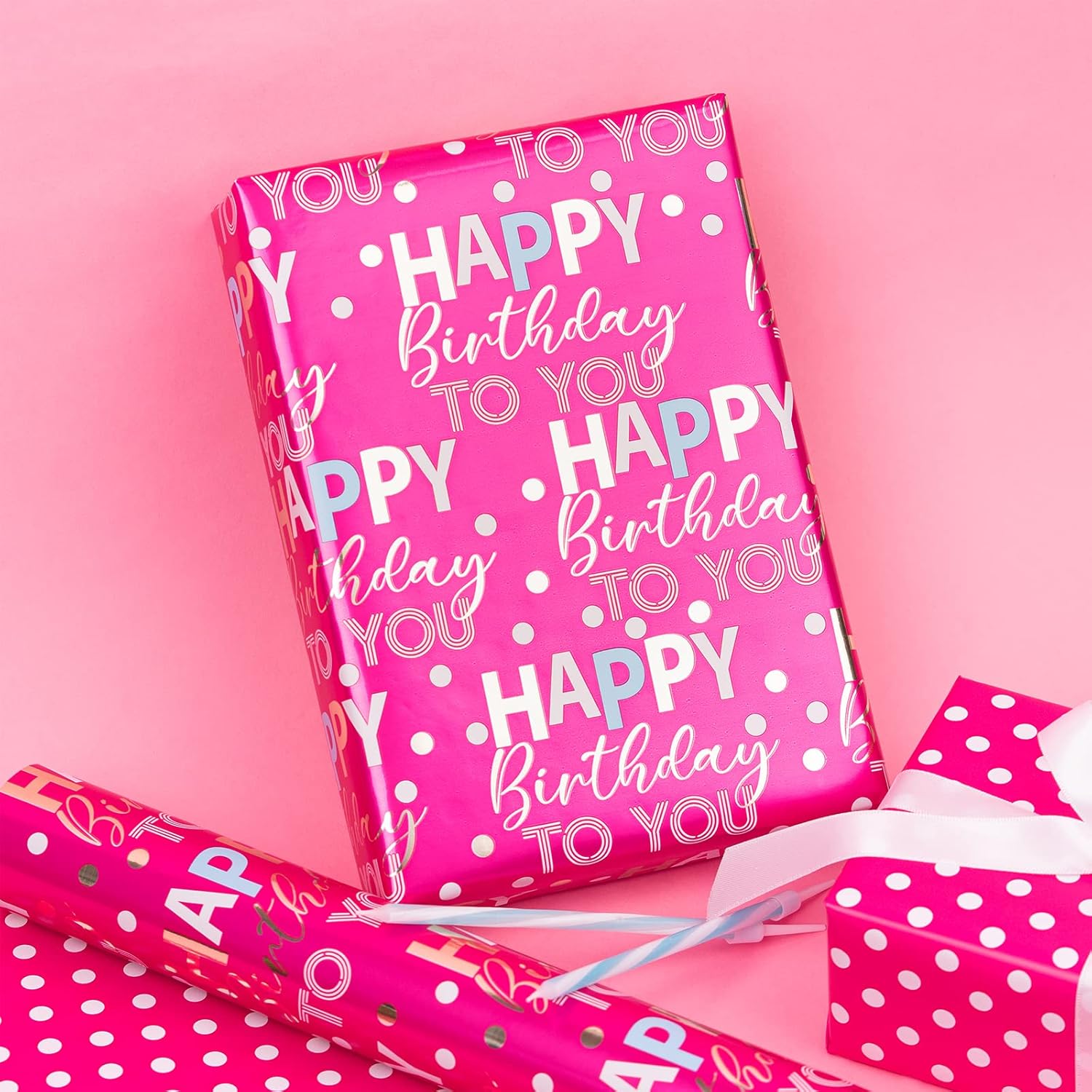 Reversible Birthday Wrapping Paper Roll Mini Roll 17.3In X 32.8Ft Rose Red Happy Birthday Letter Glitter Metallic Foil (47.3 Sqft) For Boys Girls Kids Women Holiday Party Baby Shower