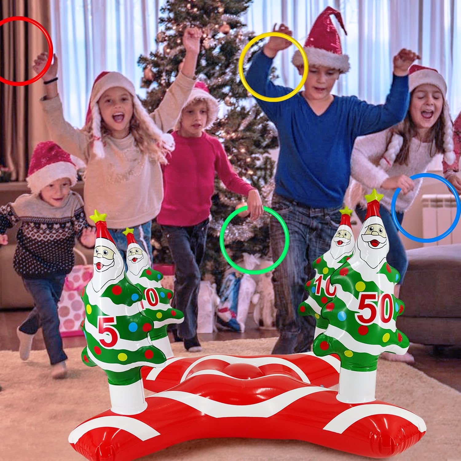 Giant Inflatable Christmas Tree Ring Toss Party Game Toys Kids Adults Family Stocking Stuffers Christmas Party Supplies Favors Decoration Indoor Outdoor Games(4 Score Santa Base, 4 Rings)