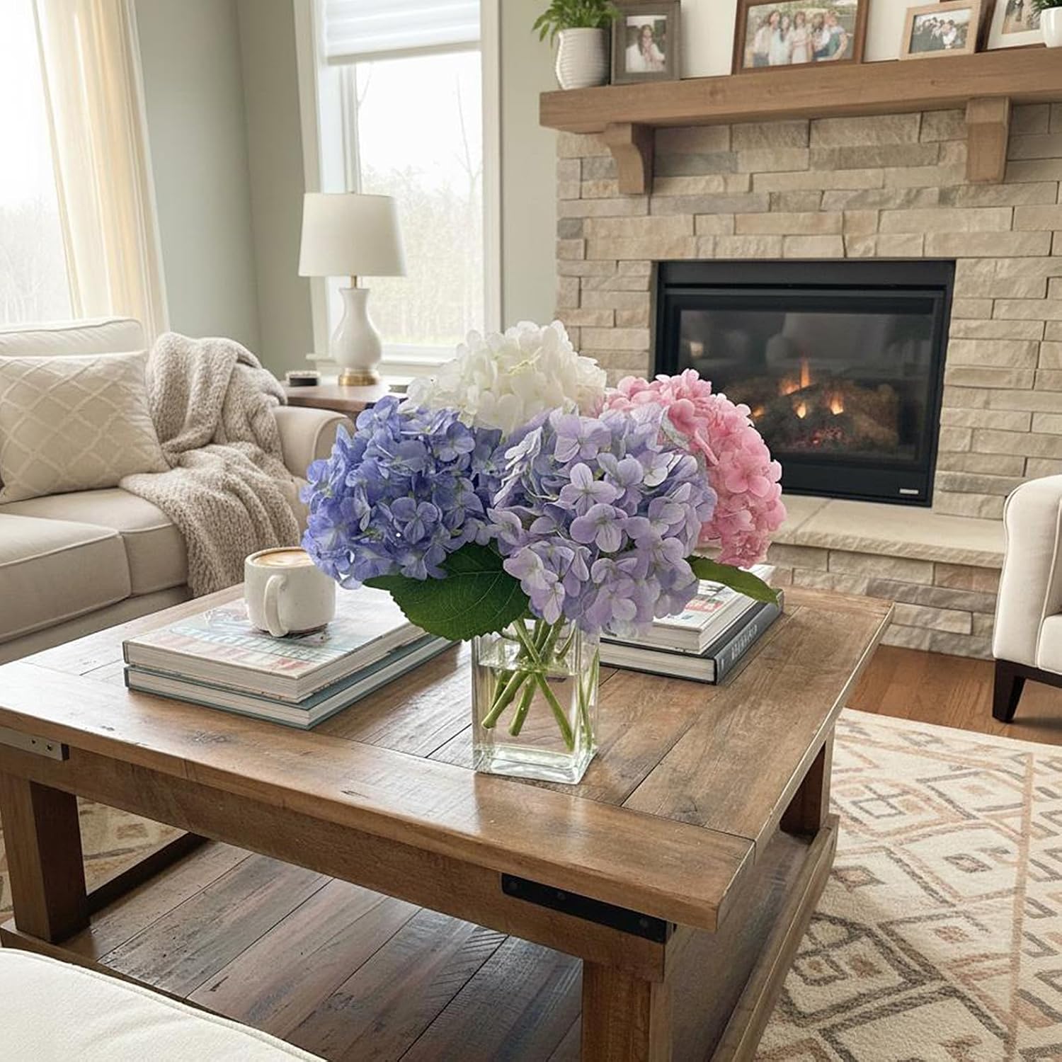 Hydrangea Artificial Flowers With Vase, Real Touch Silk Artificial Hydrangeas Faux Hydrangea Flowers Bathroom Office Coffee Table Centerpieces, Fake Hydrangea Flowers Floral Arrangements In Glass Vase
