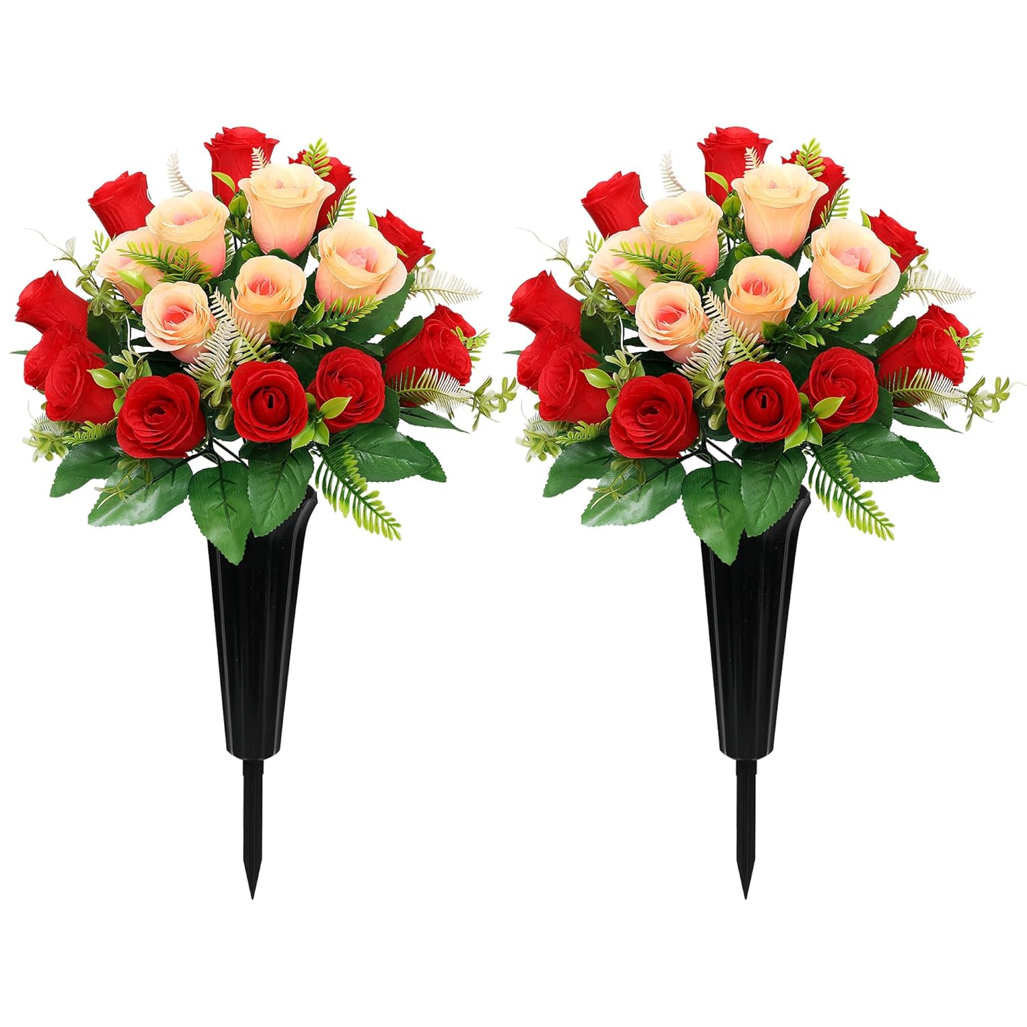 Artificial Cemetery Flowers,Cemetery Flowers For Grave,Outdoor Grave Decorations Roses,Memorial Flowers Bouquet With Cemetery Vase For Headstone Tombstone Decoration,2 Sets (Red Cranberry)