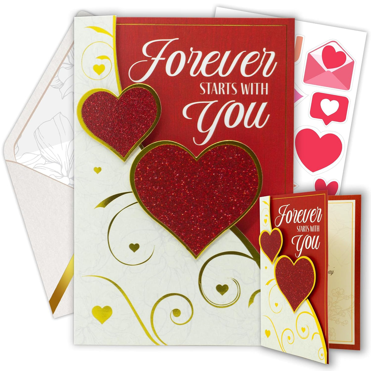 Foil & Glittery 5.5X8In Handmade Individual Valentines Day Card For Wife Or Girlfriend With Heart Cutout, Envelope & Stickers For Romantic Partner, Printed Message Inside, Gifting & Mailing