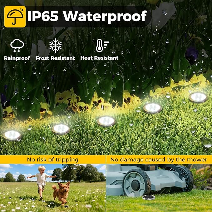 6 Pack Mini Solar Ground Lights 8 LED Cool White IP65 Waterproof Flat Disc Pathway Lights