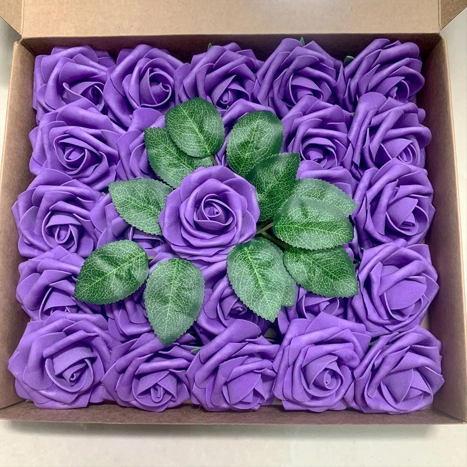 25Pcs Artificial Rose Flowers, Foam Fake Flowers With Stems, Real Looking, Gift Box, Diy Bouquets For Wedding Arrangements Party Home Decorations (Rose-Flower-Purple)