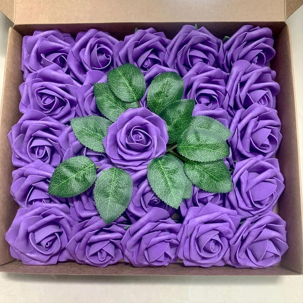 25Pcs Artificial Rose Flowers, Foam Fake Flowers With Stems, Real Looking, Gift Box, Diy Bouquets For Wedding Arrangements Party Home Decorations (Rose-Flower-Purple)