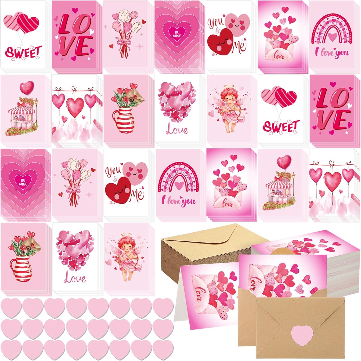 24 Sets Valentine Greeting Cards With Envelopes Set Pink Love Heart Valentines Greeting Cards Bulk Happy Holiday Postcards For Valentine'S Day Gift Exchange Party Favors, 12 Designs