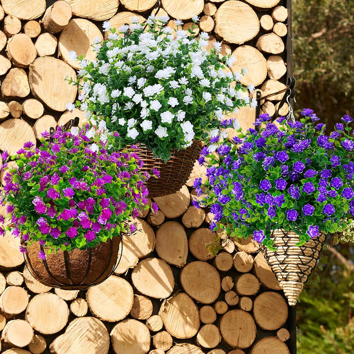 4 Bundles Outdoor Artificial Fake Flowers No Fade Uv Resistant Faux Plastic Plants For Hanging Planter Patio Yard Wedding Indoor Home Kitchen Farmhouse Décor (White)
