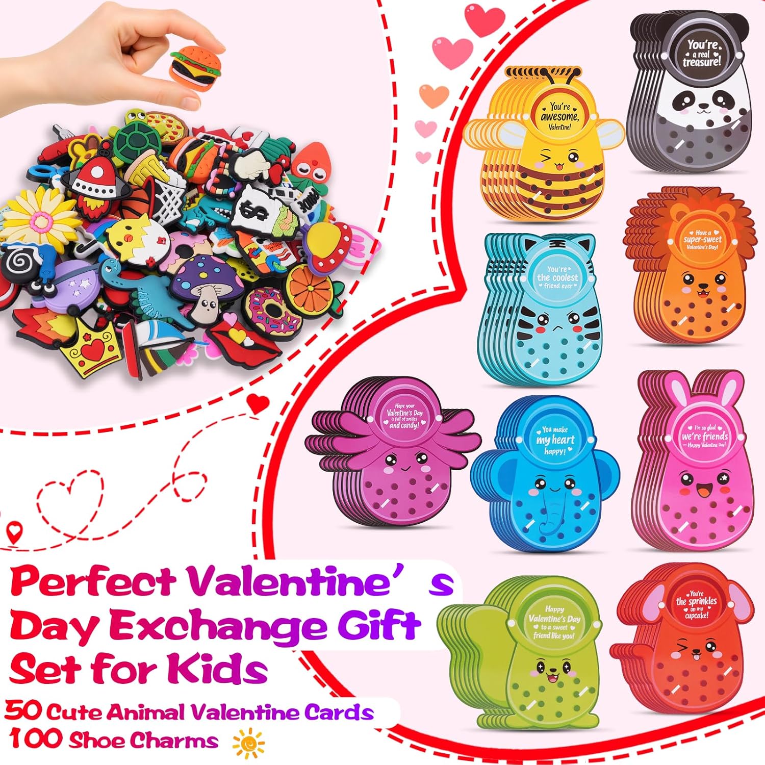 150Pcs Valentines Day Cards Sets For Kids School Classroom, 50 Pcs Cute Animal Valentine'S Cards With 100 Pcs Shoe Charms Bulk Gifts For Kids Boys Girls, Kid’S Happy Valentines Day Exchange Cards