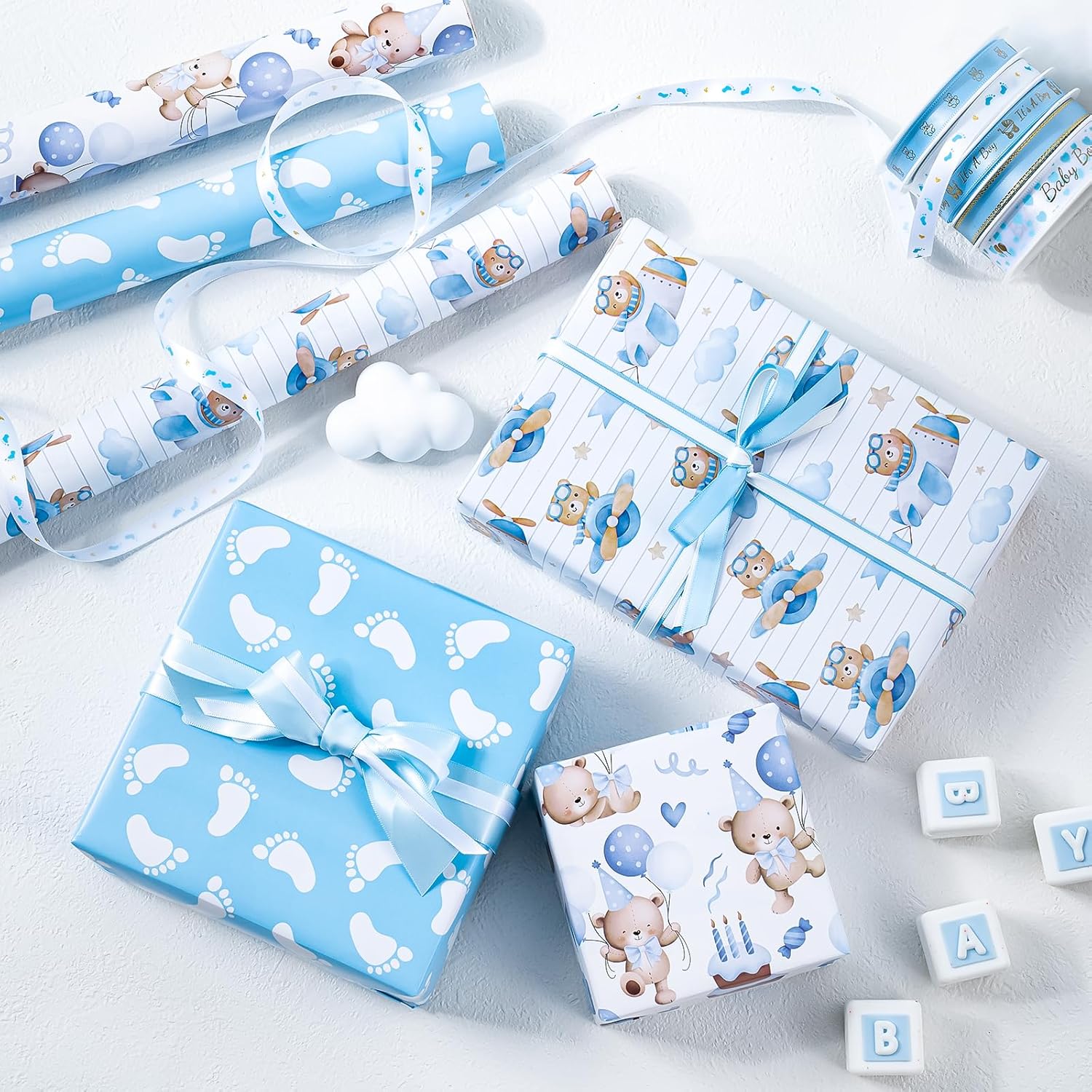 Bear Baby Shower Wrapping Paper - Mini Roll - 3 Rolls - 17 Inch X 120 Inch - Adventure Bear In Airplane And Party Design For Baby Shower, Boy Birthday