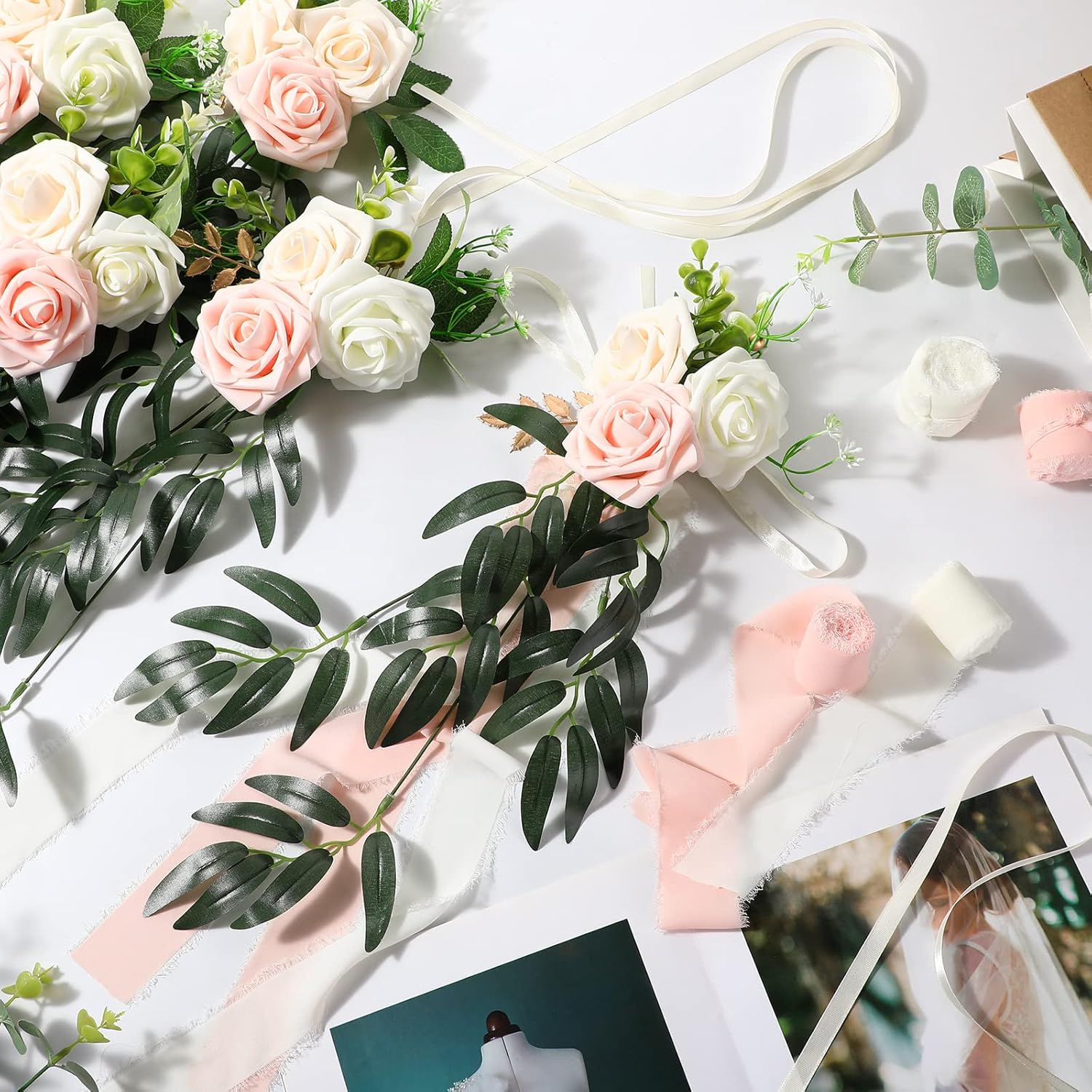 16 Pcs Wedding Aisle Decorations For Wedding Ceremony Pew Artificial Flowers Rose For Church Chair Back Floral With Eucalyptus Leaves And Ribbons Ceremony Party Decor(Pink, Beige)