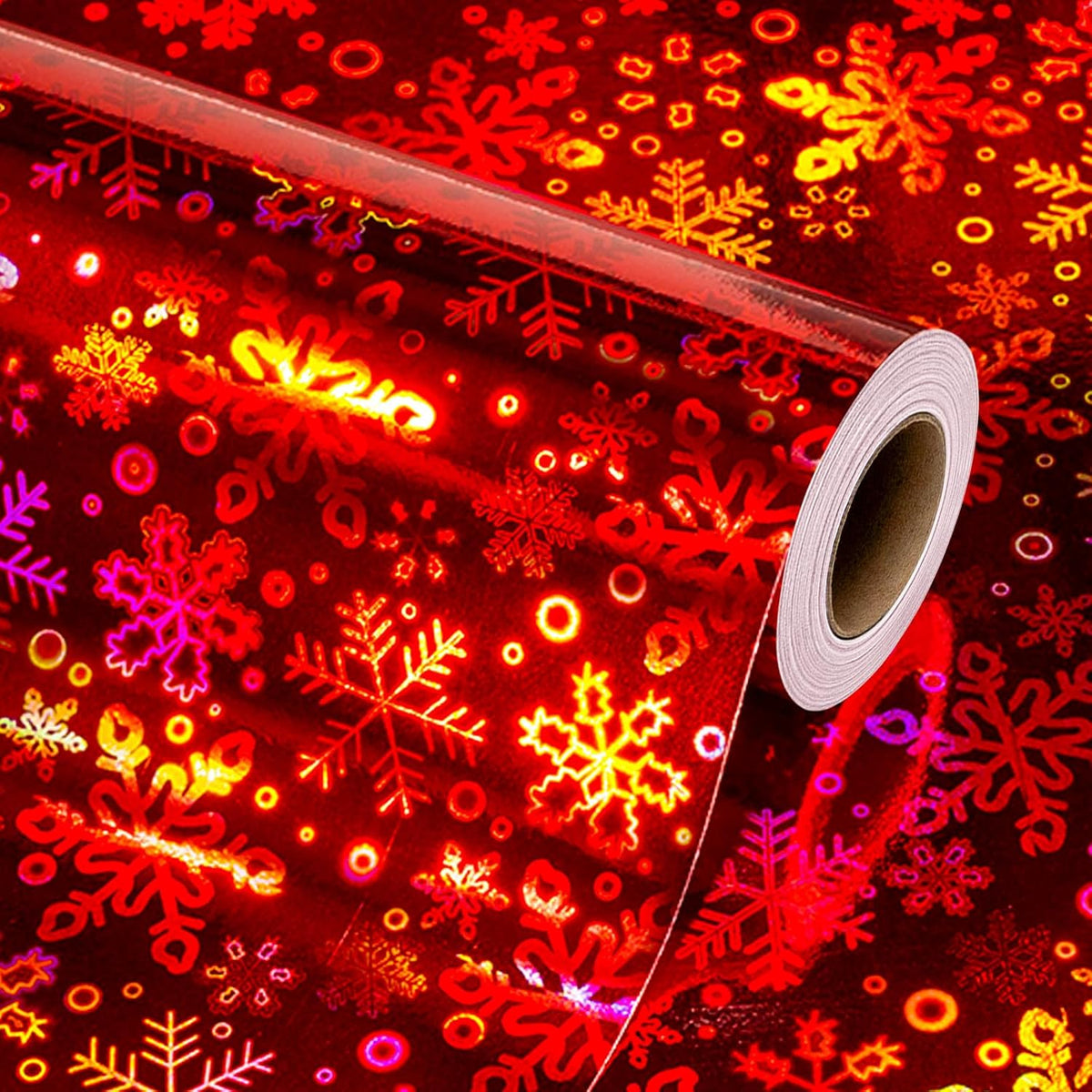 Christmas Wrapping Paper, Red Holographic Snowflake Gift Wrap For Birthday,Wedding,Baby Shower - Mini Roll 17Inch*32.8Ft