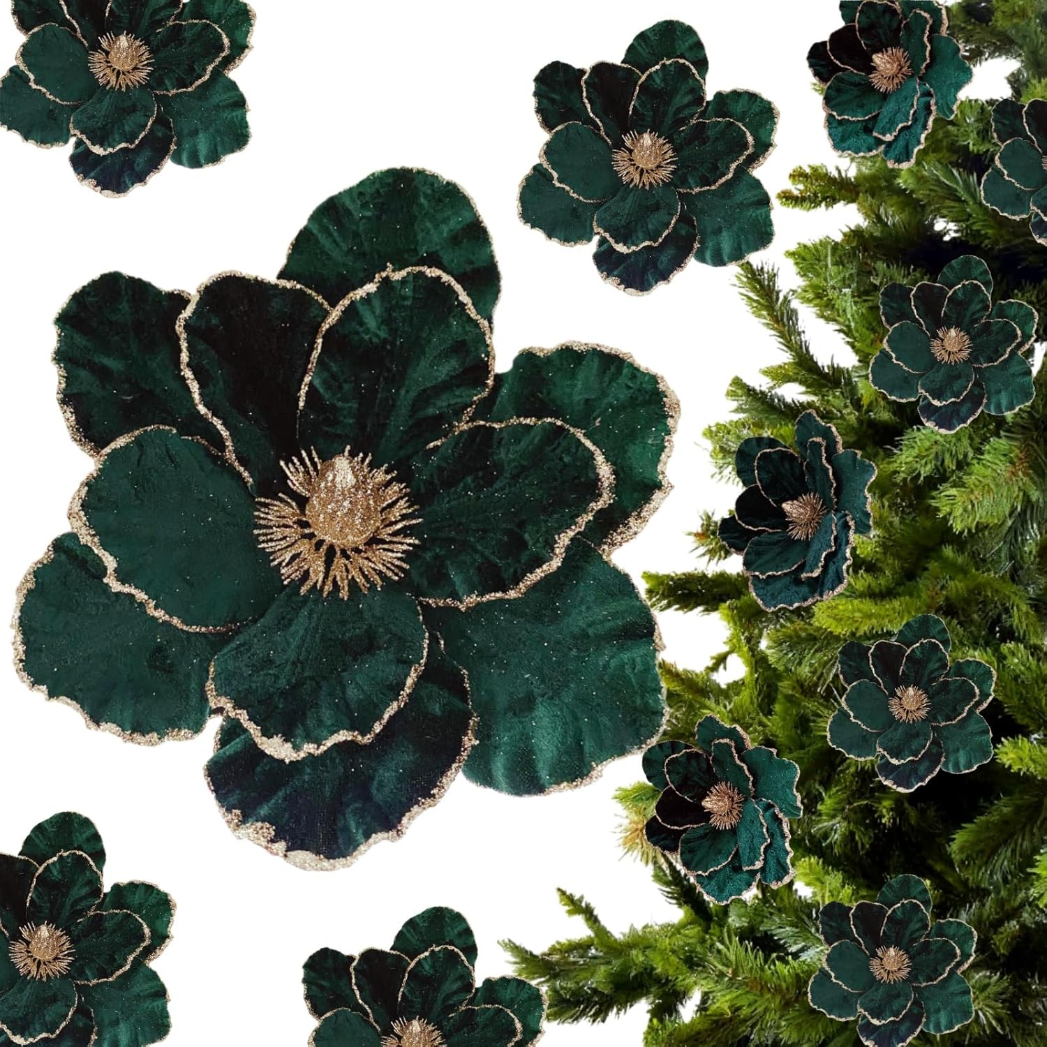 12 Pcs Christmas Velvet Poinsettia Flowers Ornaments, Glitter Artificial Magnolia For Xmas Tree Decorations (Dark Green, 8.8 Inch)