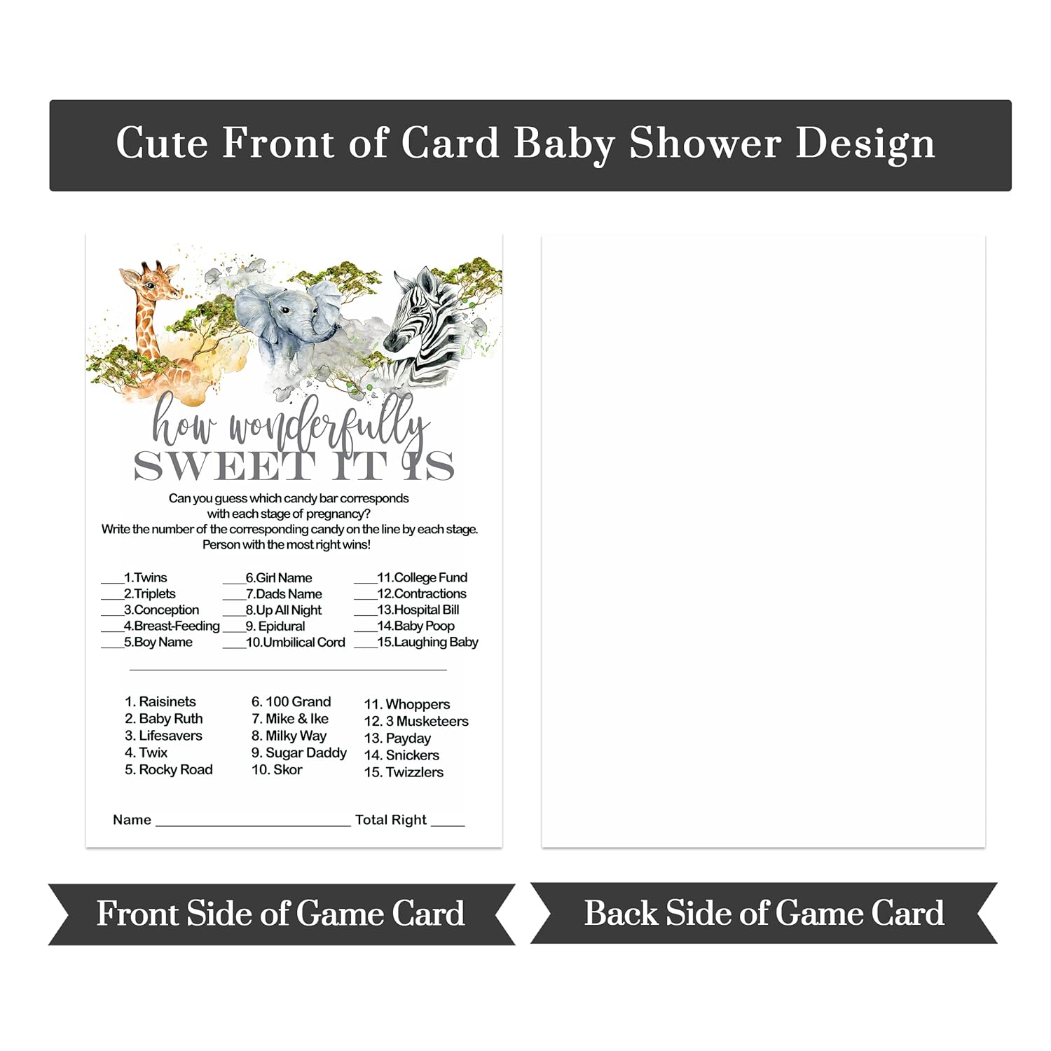 Jungle Baby Shower Game - Candy Bar Matching Cards - Fun Safari Animal Activity For Guests - 25 Pack Of Gender Neutral Pregnancy & Parenthood Guessing Games