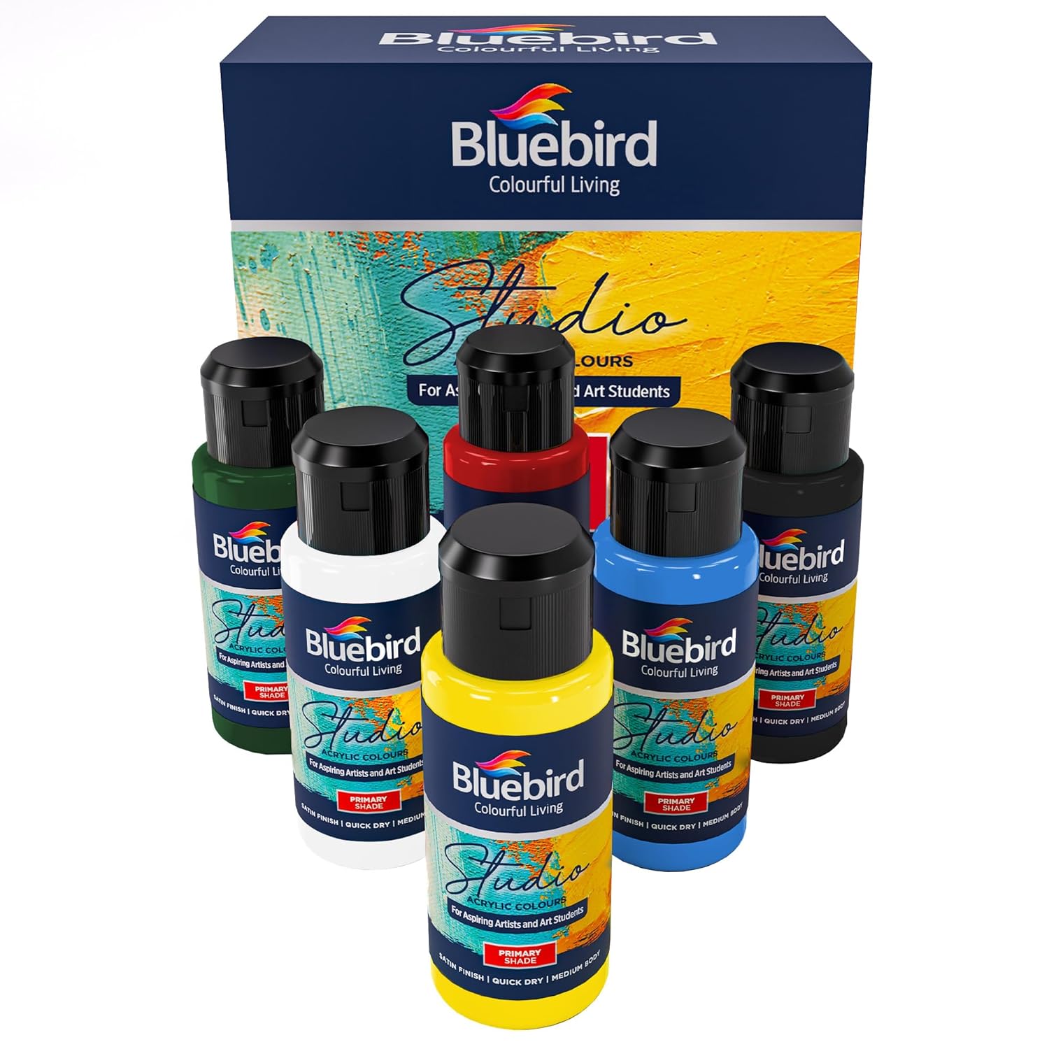 BLUEBIRD Studio Acrylic Paints, Primary Colors, 6-Pack 3.4 Fl Oz each, Basic Acrylic Paint For DIY Crafts & Beginner Artists