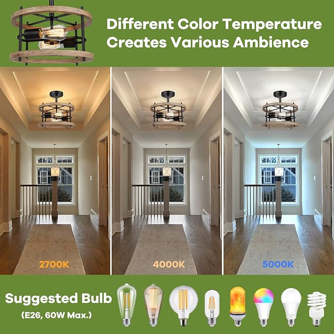 2 Light Retro Farmhouse Ceiling Light Rustic Wood and Black Metal Semi Flush Mount