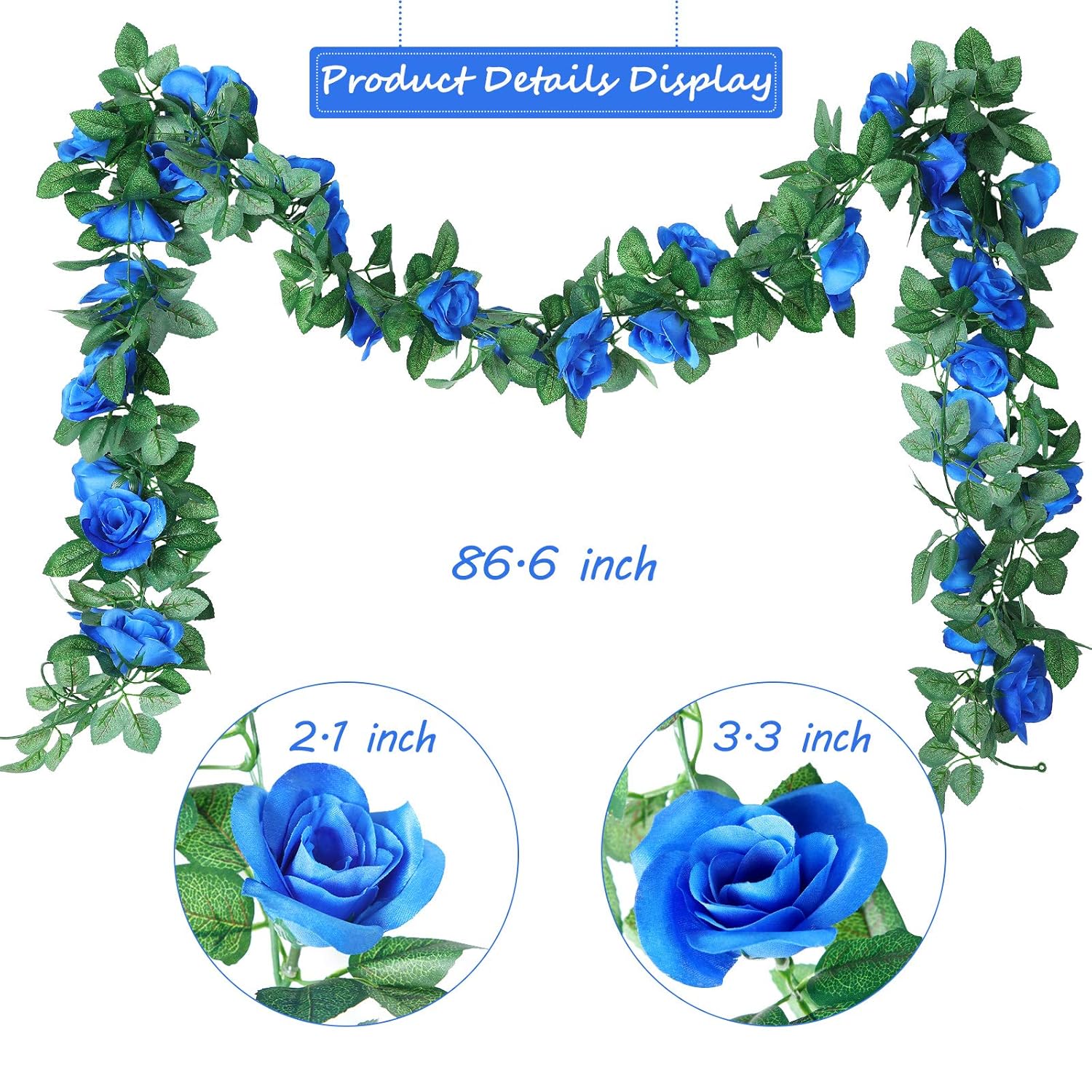Artificial Rose Garlands Rose Vines Leaves Banners Hanging Fake Floral Garland Flower Vine For Wedding Arch Ceremony Home Garden Outdoor Party Wall Decorations, 14.4 Ft(Royal Blue,2 Pieces)