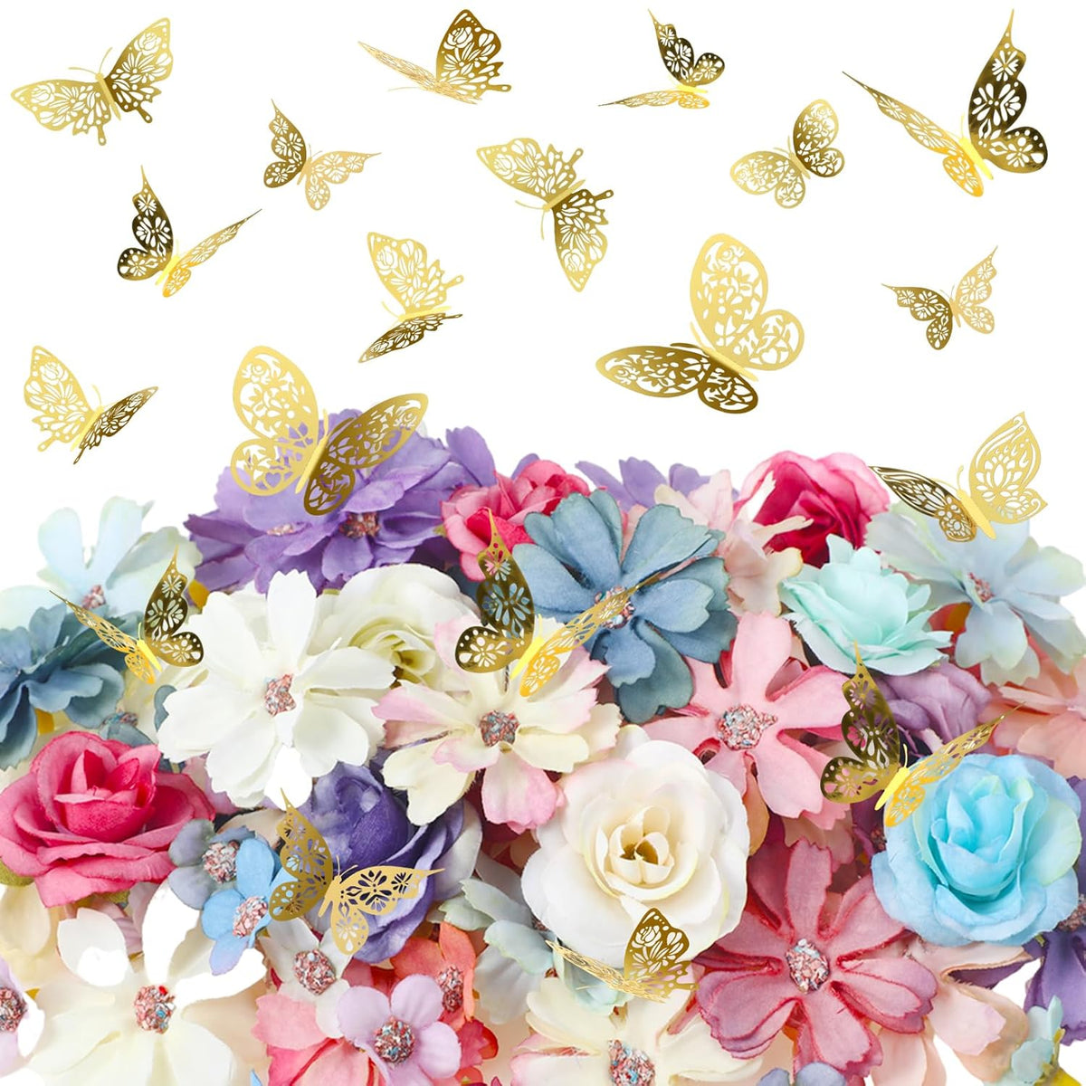 342 Pcs Valentine Flower And Butterfly Diy Set Small Silk Fake Rose Daisy Head Gold Butterfly For Graduation Cap Decor 3D Artificial Flowers Embellishments Bulk For Wedding Bouquet