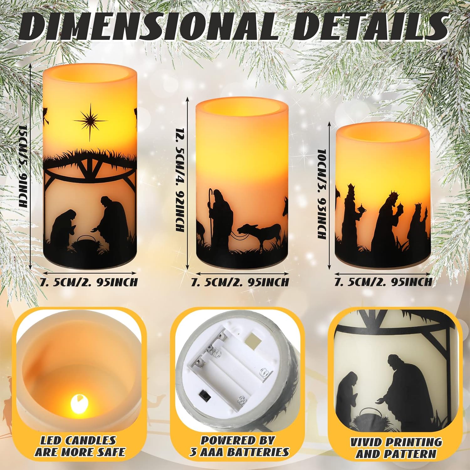 3 Set Nativity Scene Christmas Flameless Led Candles - Battery Operated Pillar Religion Candle For Holiday Table, Fireplace, Windowsill Indoor Decor