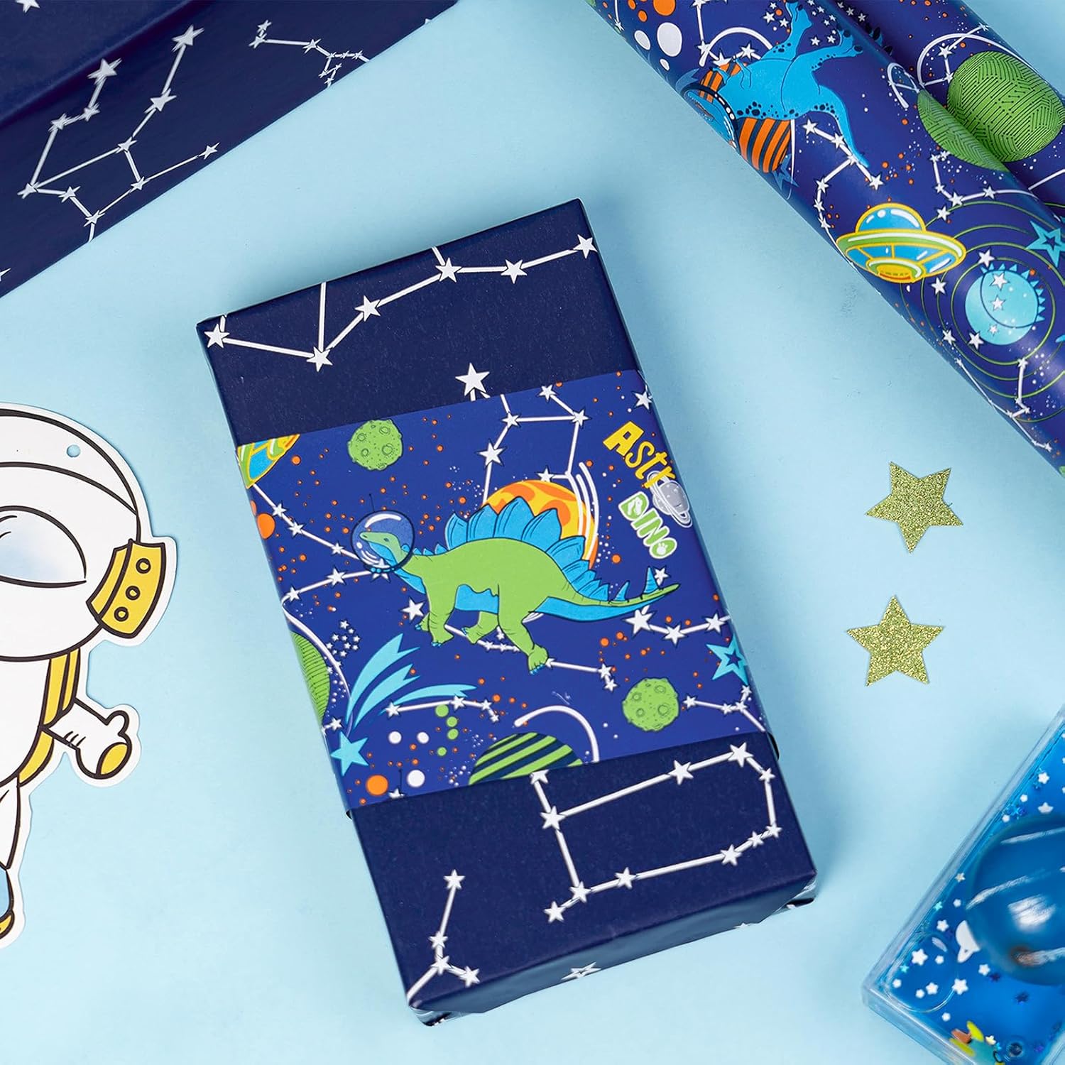 Reversible Birthday Dinosaur Wrapping Paper Roll, Mini Roll, Blue Astro Dinosaur, Planets And Constellation Pattern Gift Wrap Paper For Kids Boys Birthday, Space Party, 17 Inches X 16.4 Feet