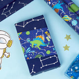 Reversible Birthday Dinosaur Wrapping Paper Roll, Mini Roll, Blue Astro Dinosaur, Planets And Constellation Pattern Gift Wrap Paper For Kids Boys Birthday, Space Party, 17 Inches X 16.4 Feet
