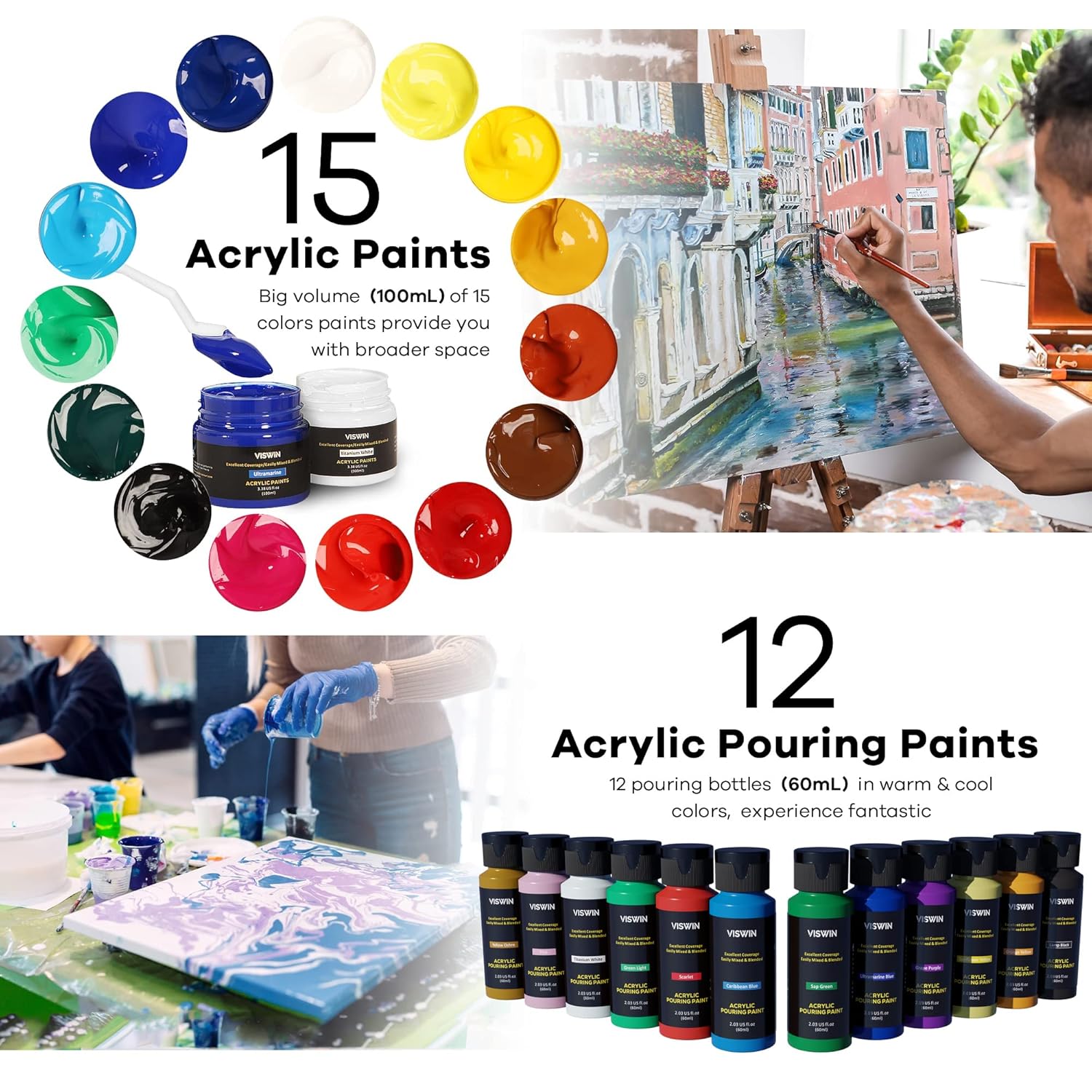 Acrylic Paint Set With French Easel, Professional Painting Kit With Acrylic, Pouring Paints, Brushes, Canvas, Art Supplies, Art Set For Adults, Artists, Beginners