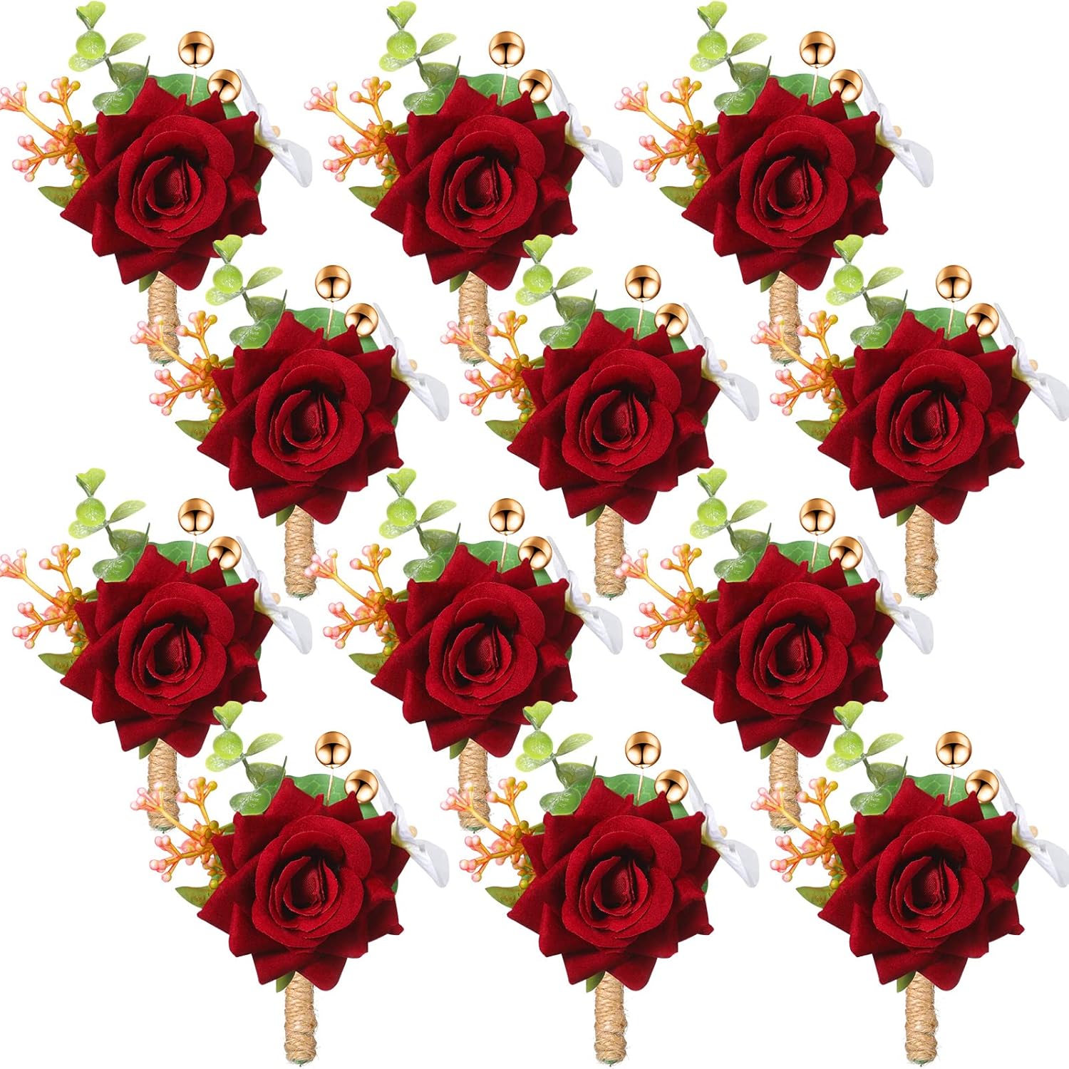 12 Pcs Boutonniere For Men Wedding Flower Boutonniere Rose Corsage Set With Pin For Groom Groomsmen Prom Western Wedding Anniversary Dinner Fall Party Decor(Burgundy)