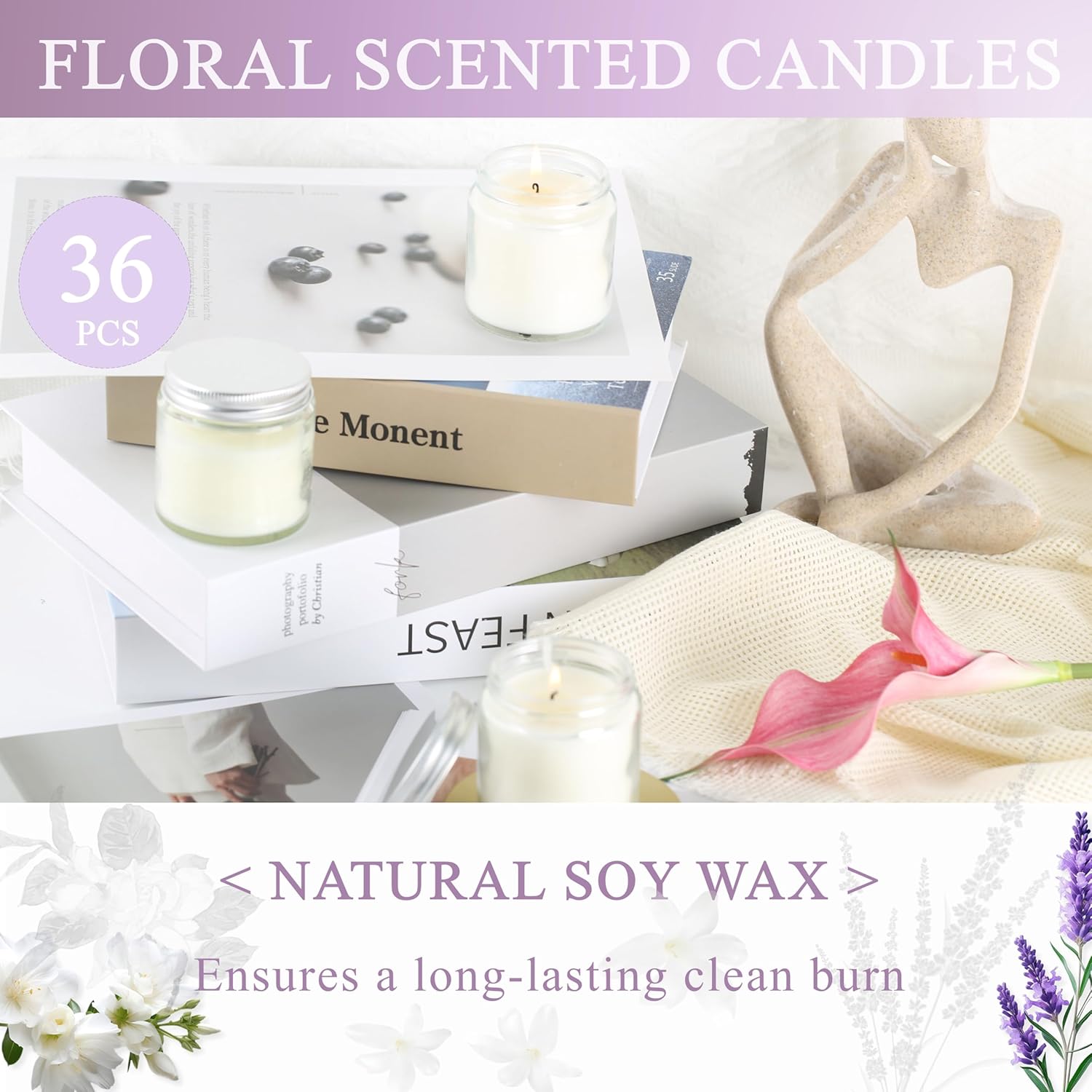 36 Pcs 4Oz Mini Mason Jar Candles Small Scented Candles Bulk Aromatherapy Ideal Souvenir Favors For Wedding Birthday Party (Freesia, Lavender, Jasmine, Silver)