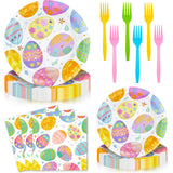 96 Pieces Easter Paper Plates and Napkins Tableware Set, Colorful Eggs Disposable Dinnerware with Plates, Napkins, Forks for Easter Spring Party Supplies-Serves 24