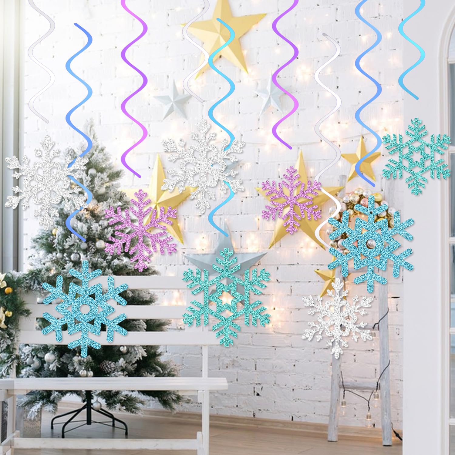 Winter Wonderland Banner, Glittery Snowflake Hanging Swirls, Christmas Decorations Winter Wonderland Garland For Winter New Year Baby Shower Winter Birthday Party Decorations