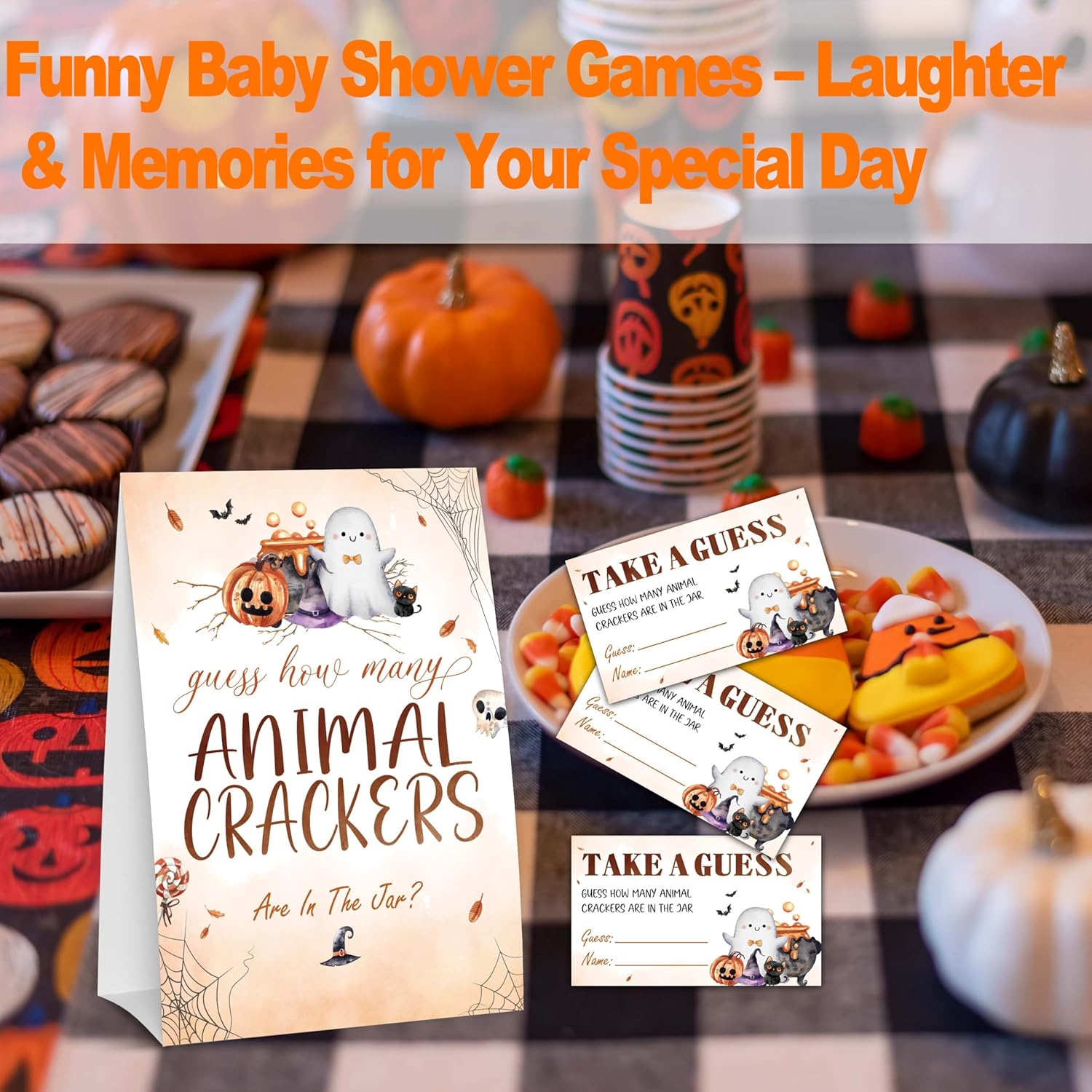 Halloween Baby Shower Games, Hilarious Guess How Many Animal Crackers For Pumpkin Gender Reveal Party Supplies Decorations, 1 Standing Sign + 50 Tickets - A08